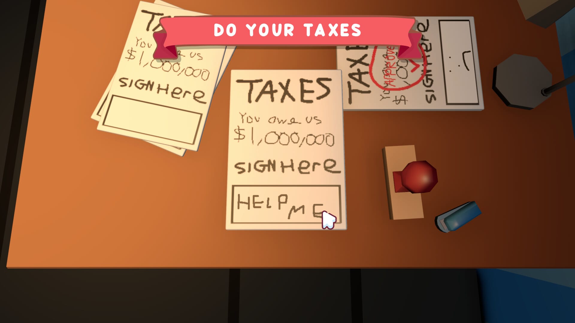 The player has been forced into a DO YOUR TAXES minigame in A Normal Quiz Game. They have written 'help me' in the signature field on a childishly drawn tax bill