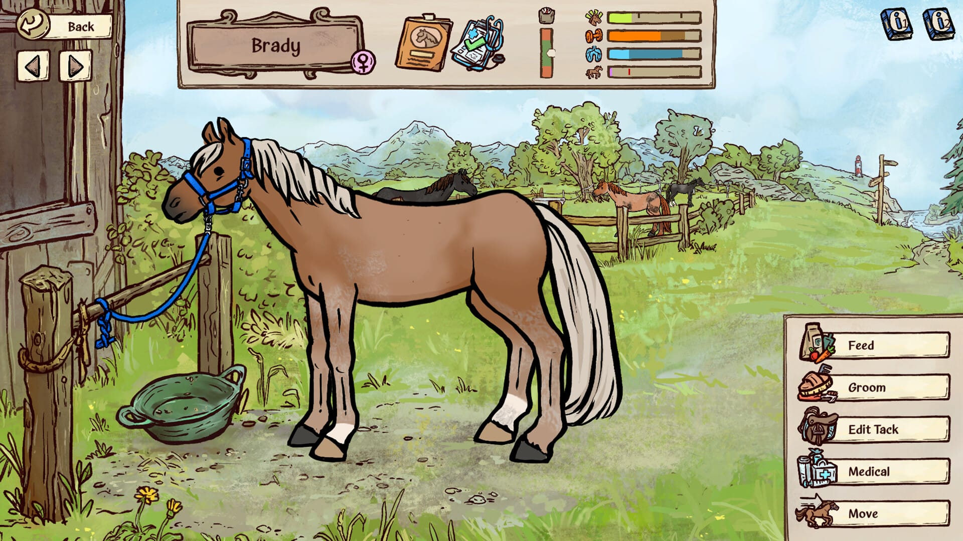 A tan horse named Brady stands next to the stable, with a series of management options in a menu at the bottom rigtht