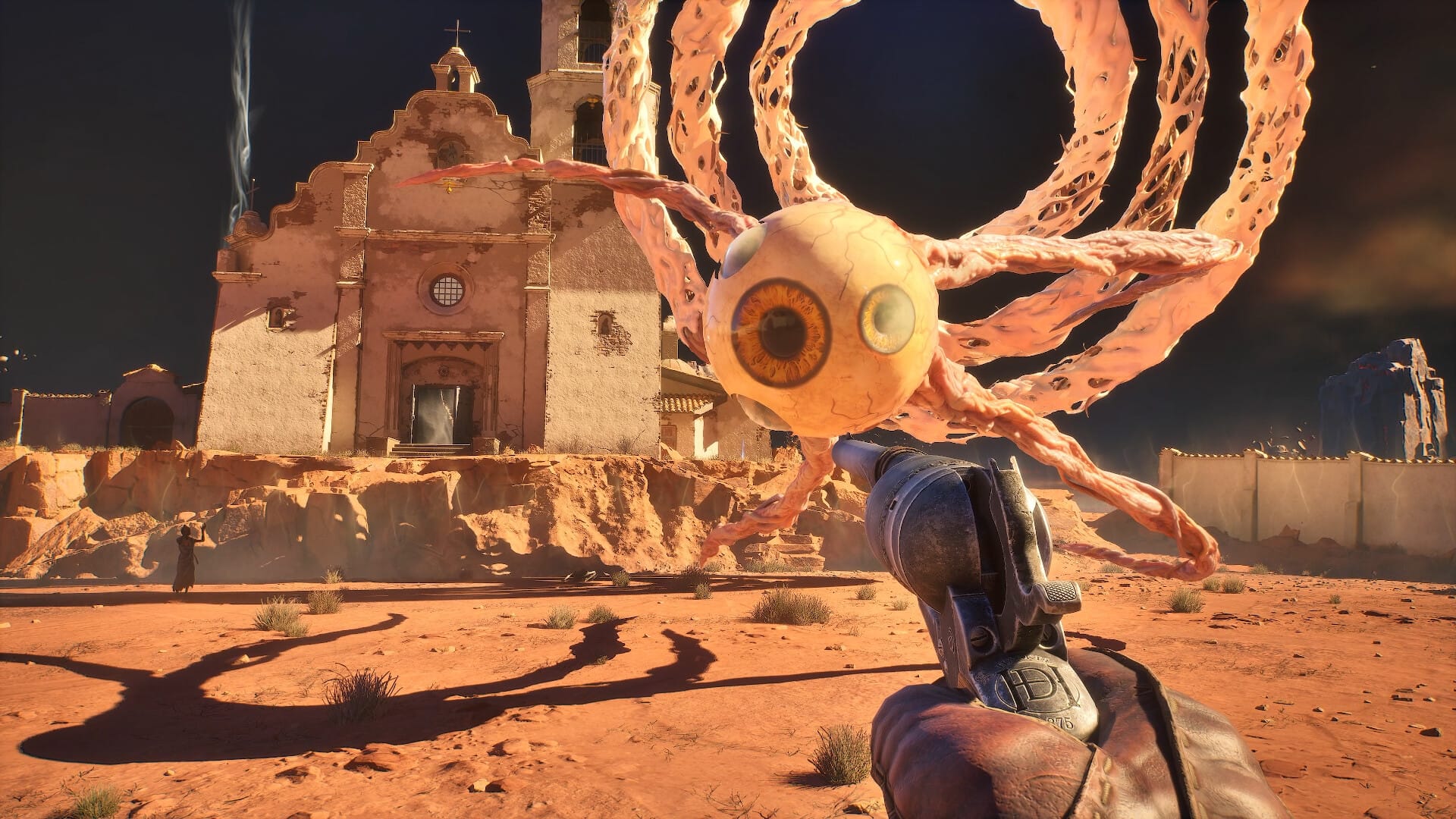 A man holds a revolver up, pitted against a large tentatcled eye with a long, tapeworm like appendage, in a screenshot from Guns of Eschaton