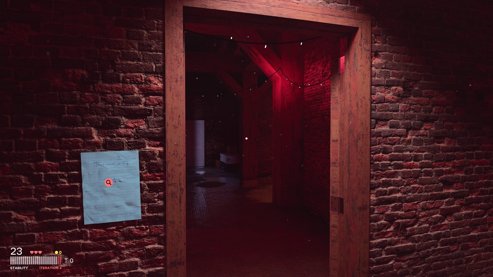 A wooden door frame in a brick hall. A note has been written and pinned next to the door. The room inside is lit with fairy lights.