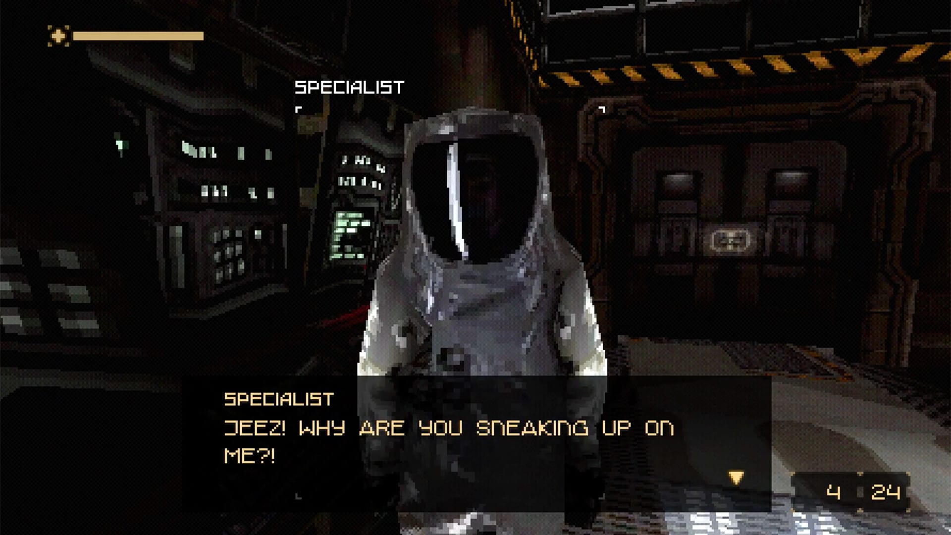 A specialist wearing a giant silver hazmat suit stands in a derelict space station. His speech bubble reads JEEZ! WHY ARE YOU SNEAKING UP ON ME?!