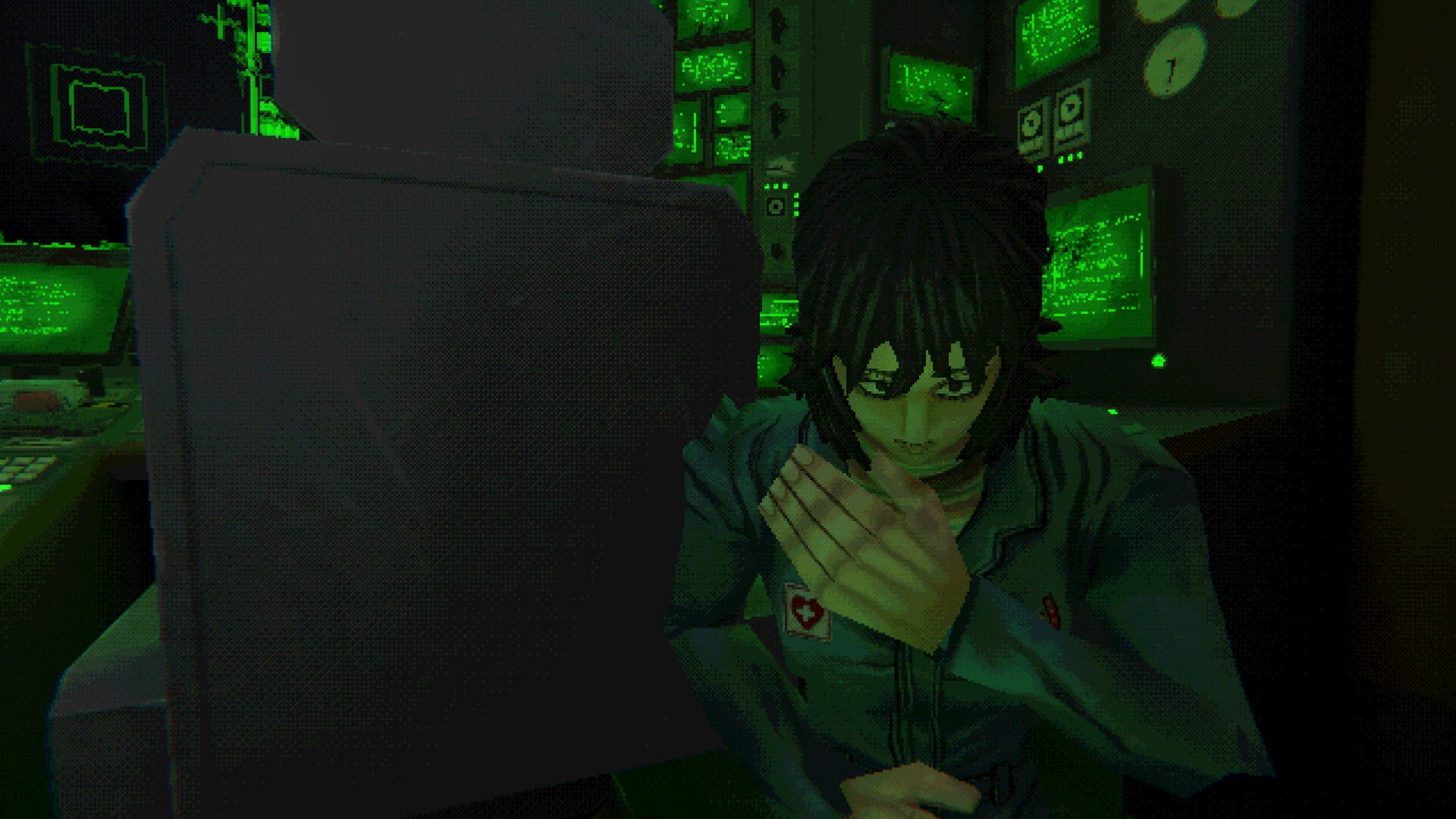 Anya, a woman in a jump suit with dark hair in her face, leans forward in front of a bank of green monitors in a screenshot from Mouthwashing