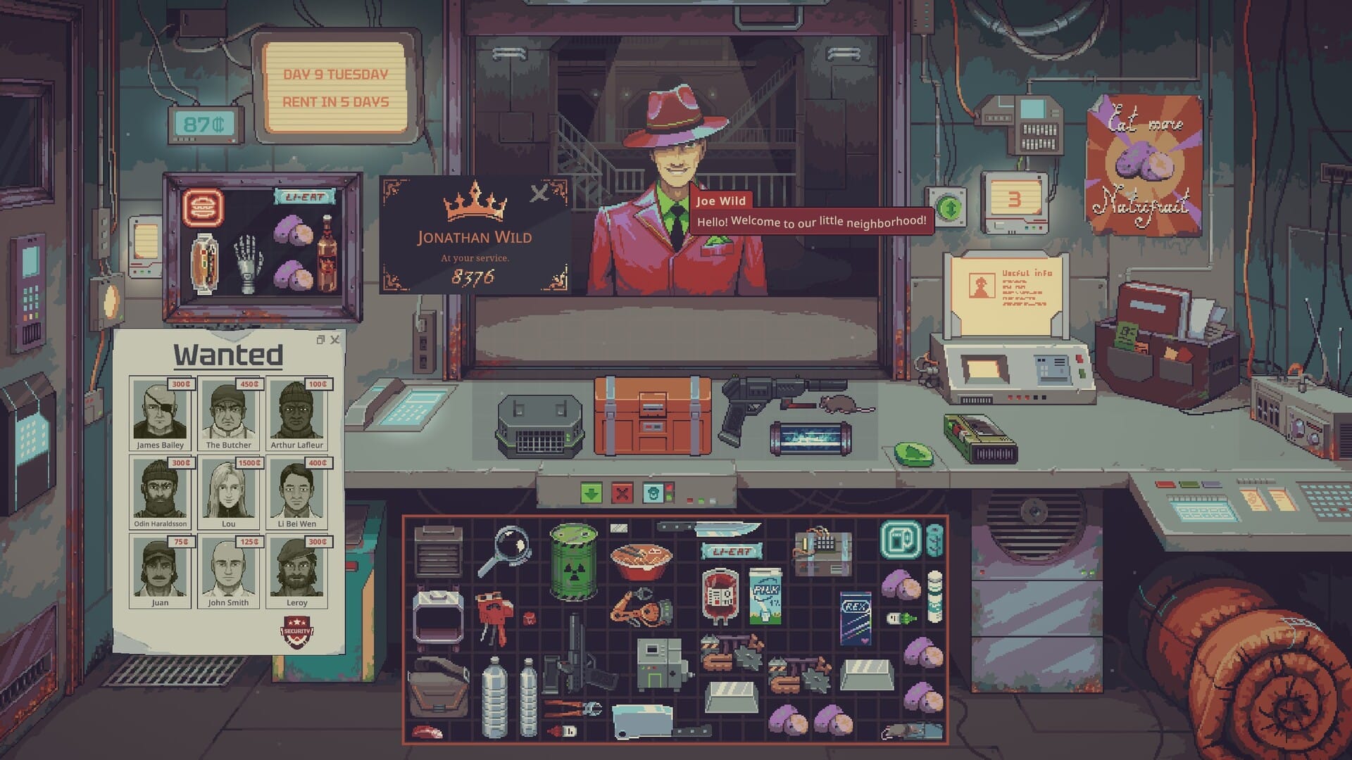 A shopkeeper's perspective from Probably Stolen, showing them inside a shop with goods, a bounty list, a cash register, and more. A customer named Joe Wilde is introducing himself, wearing a sharp pink and green suit.