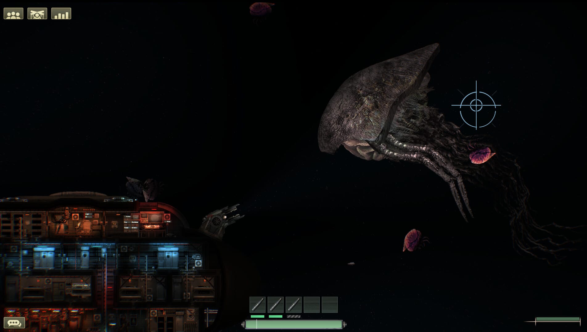 A deep sea monster lurks outside the submarine of a group of players in a screenshot in Barotrauma