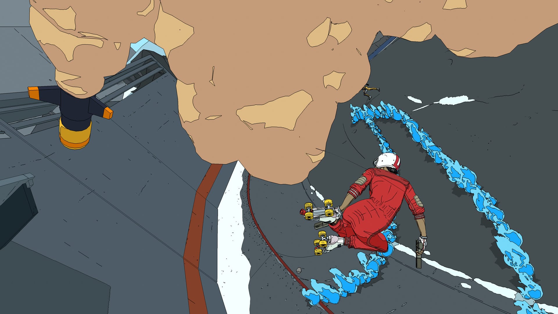 A player in Rollerdrome evades a missile through clever skating techniques