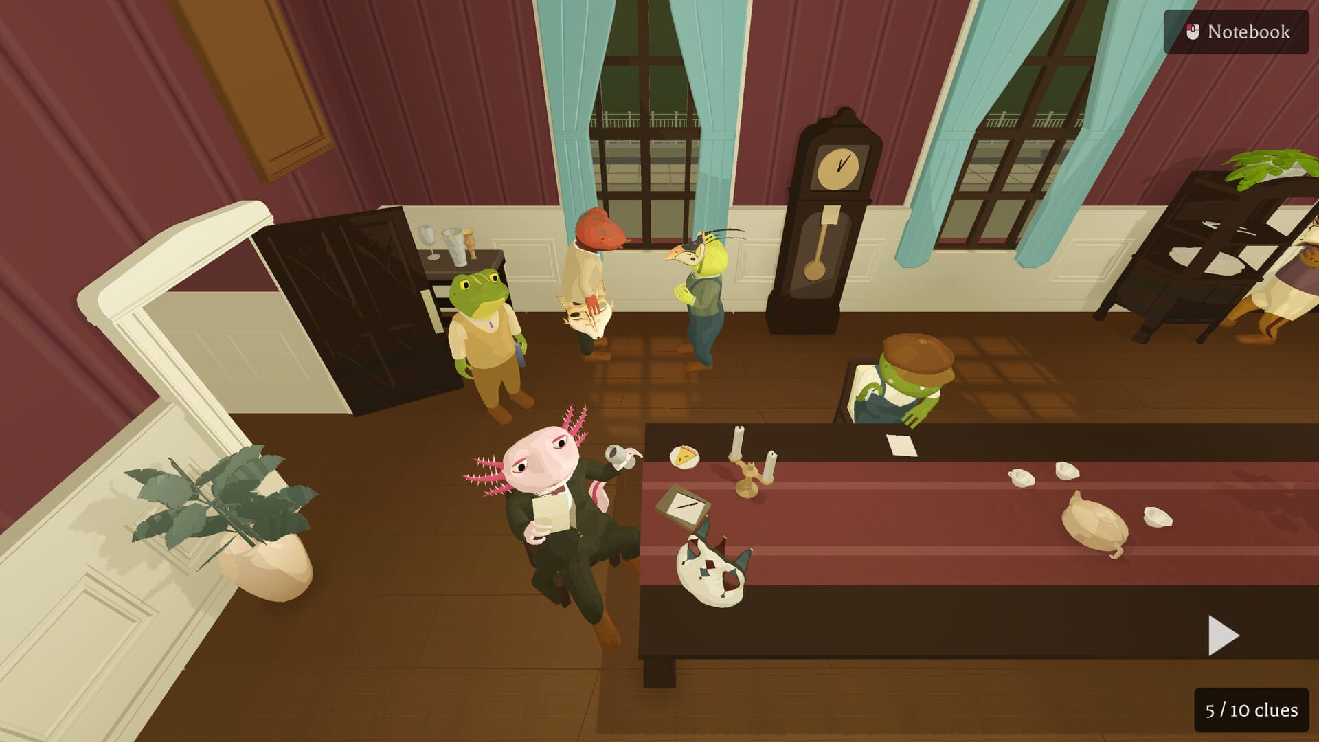 A dinner party of amphibians have assembled, including a polite toad and a classy axolotl, in a screenshot from The Marsh Manor Mystery