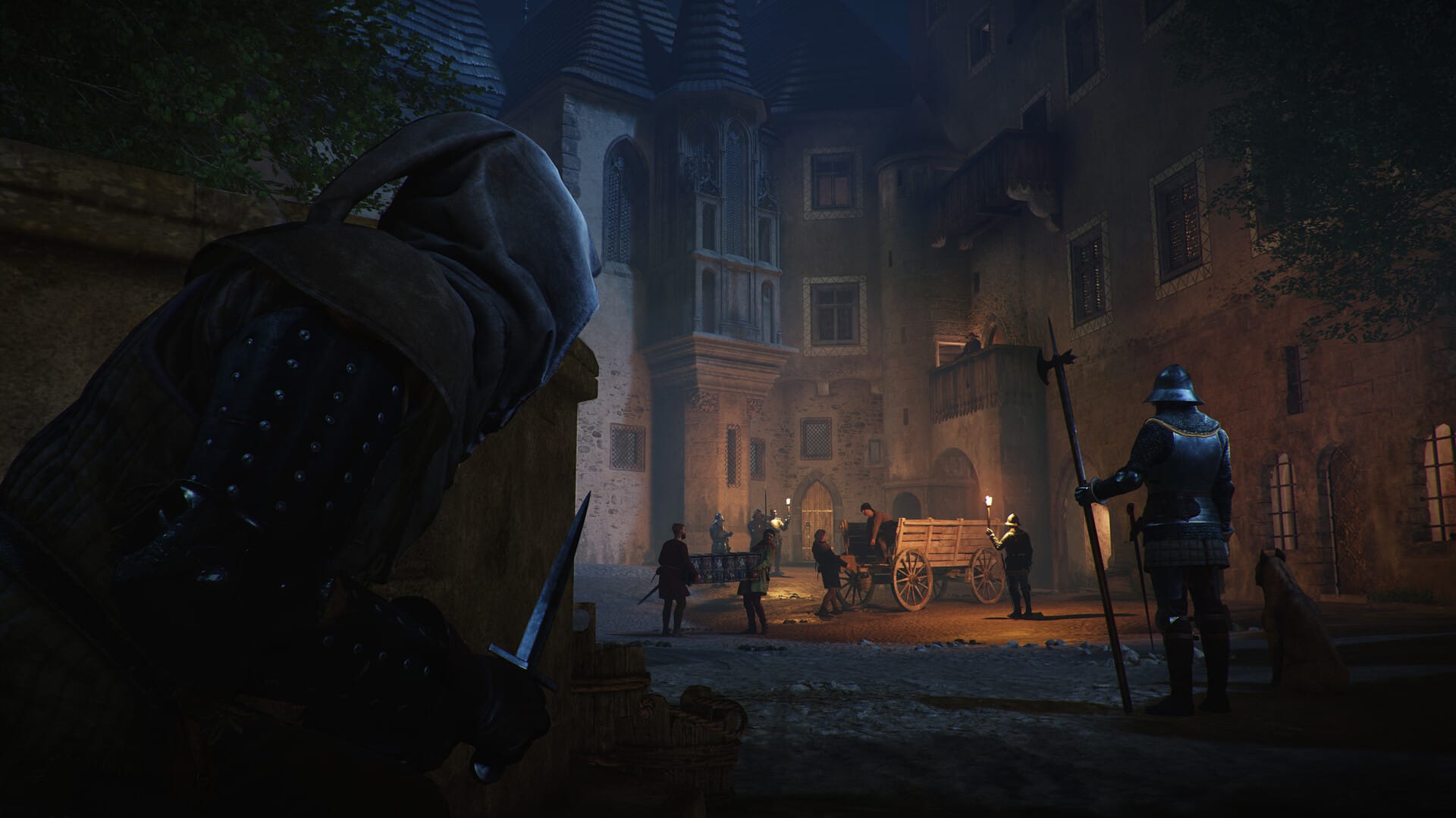 Henry, cloaked and crouched in the shadows with a dagger, prepares to strike in a screenshot from Kingdom Come: Deliverance 2