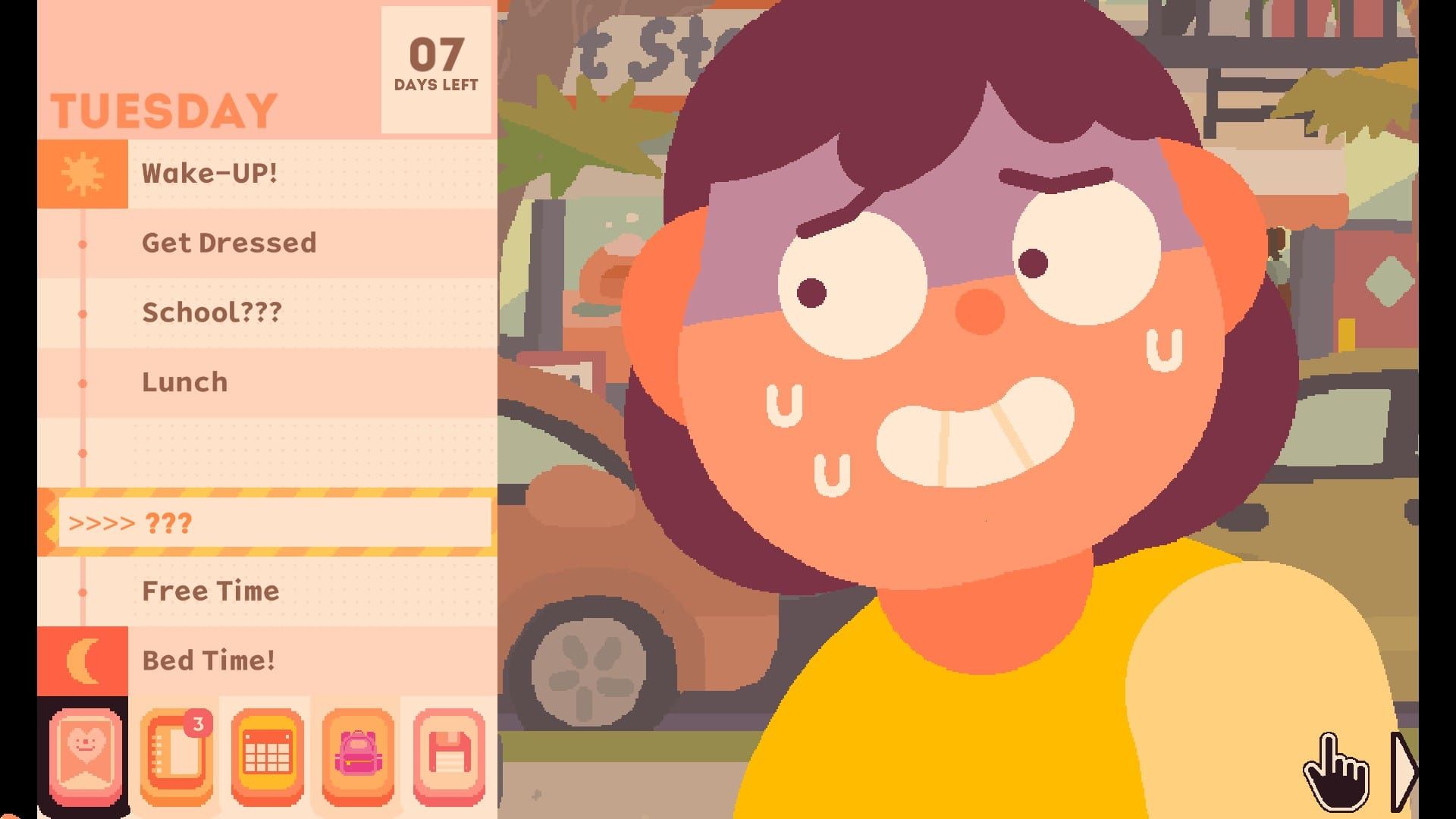 Jenny, the protagonist of Consume Me, during a random event in her day's schedule. She has just found a bill and is sweating nervously but grinning as she reaches for the free cash.