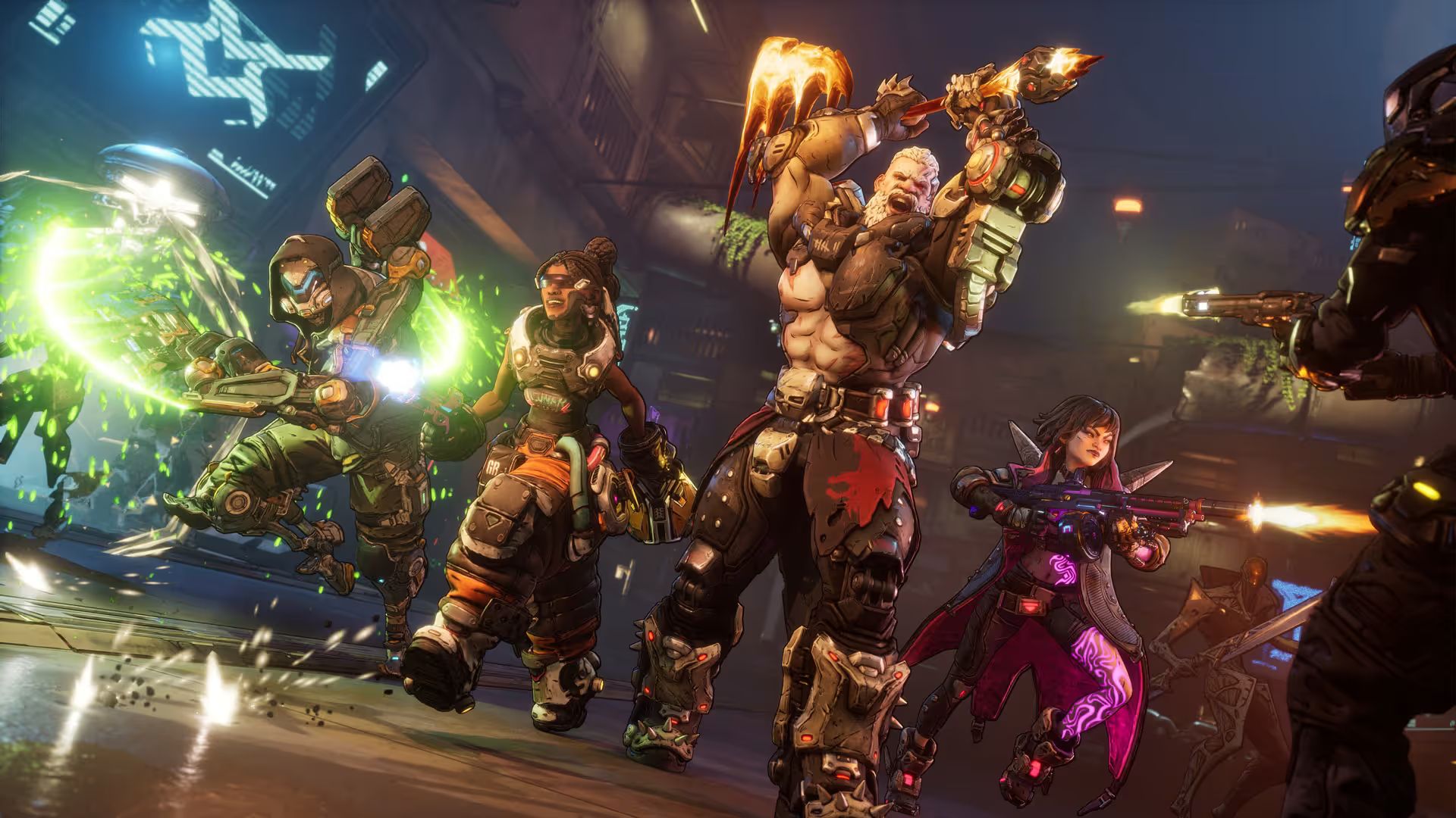 A group of four Vault Hunters battle against enemies in Borderlands 4