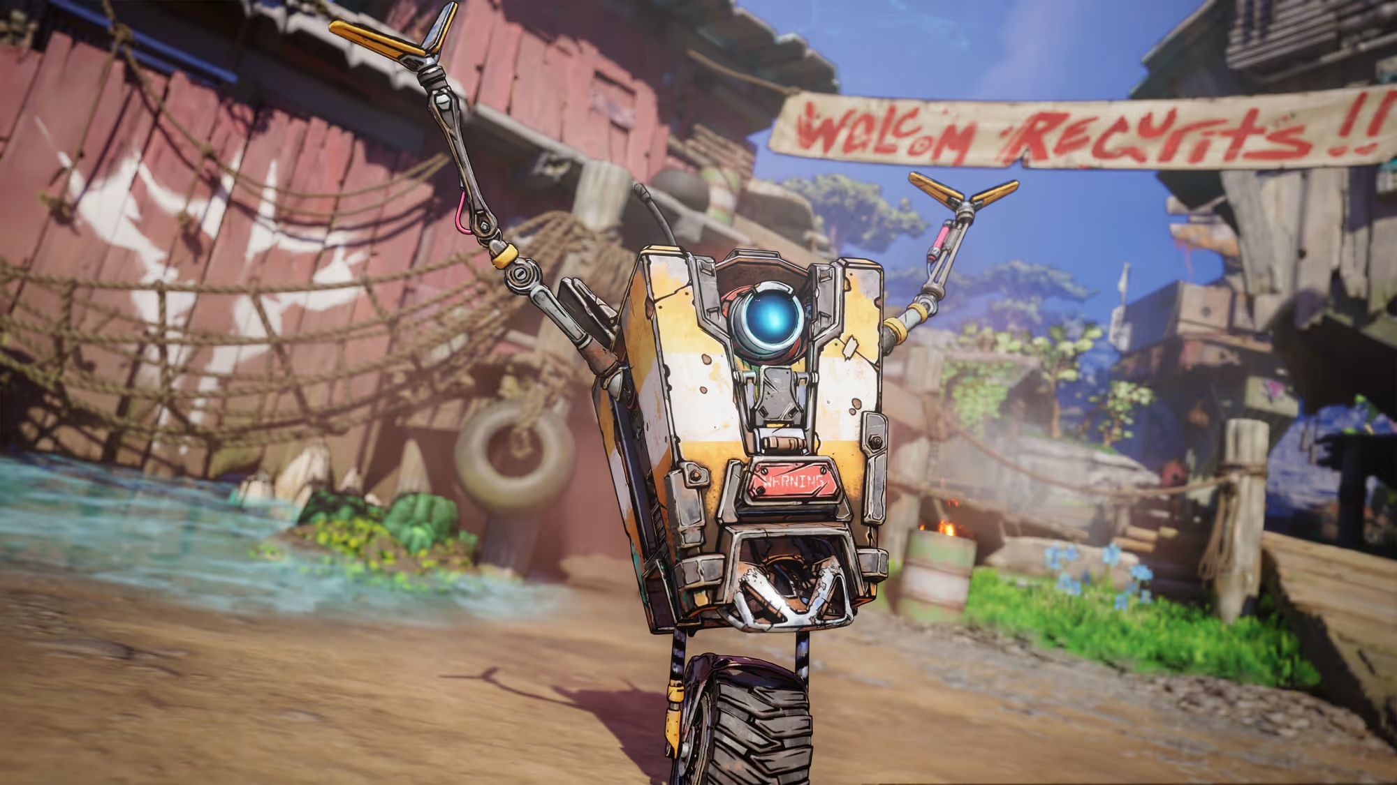 Claptrap the annoying robot wanders through town in Borderlands 4