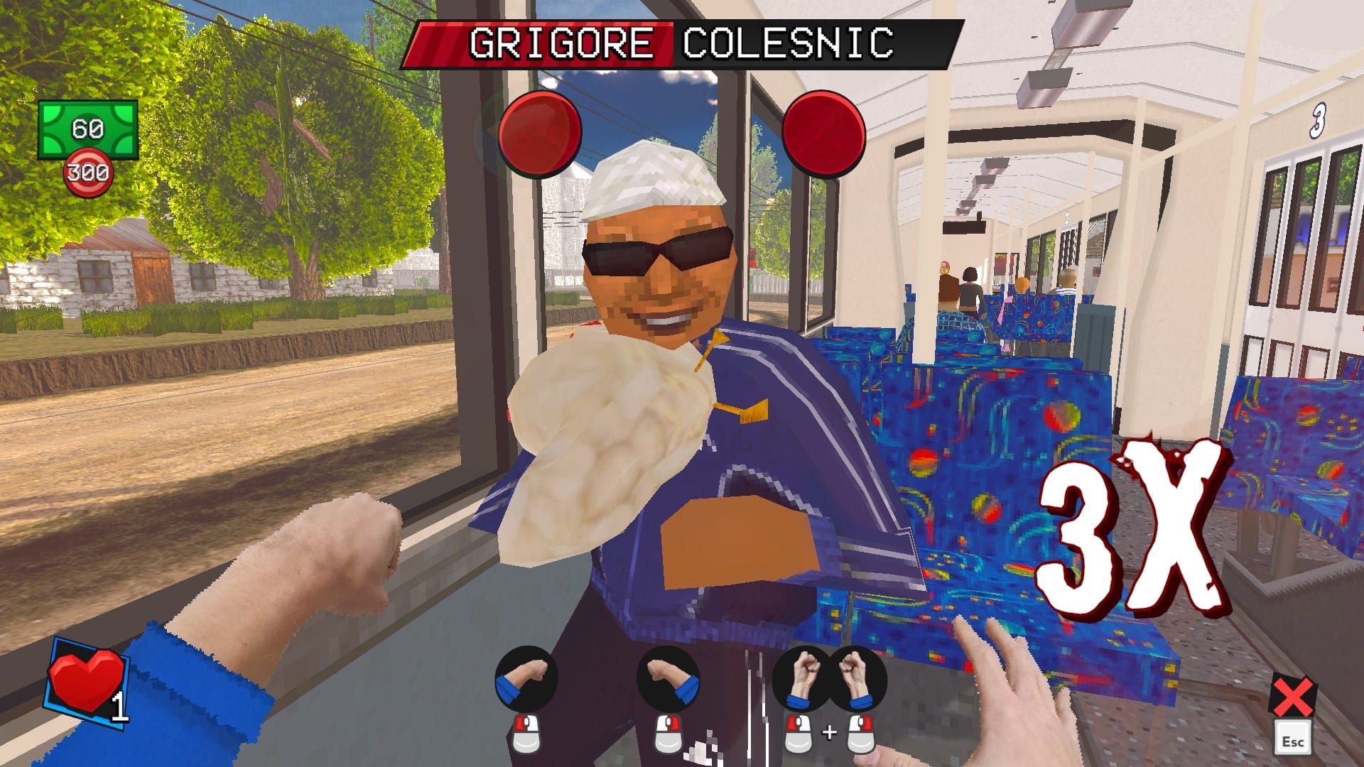 The player is engaged in a fist-fight with a tracksuit wearing man and holding a chicken who is named Grigore Colesnic. The player has a 3X combo.