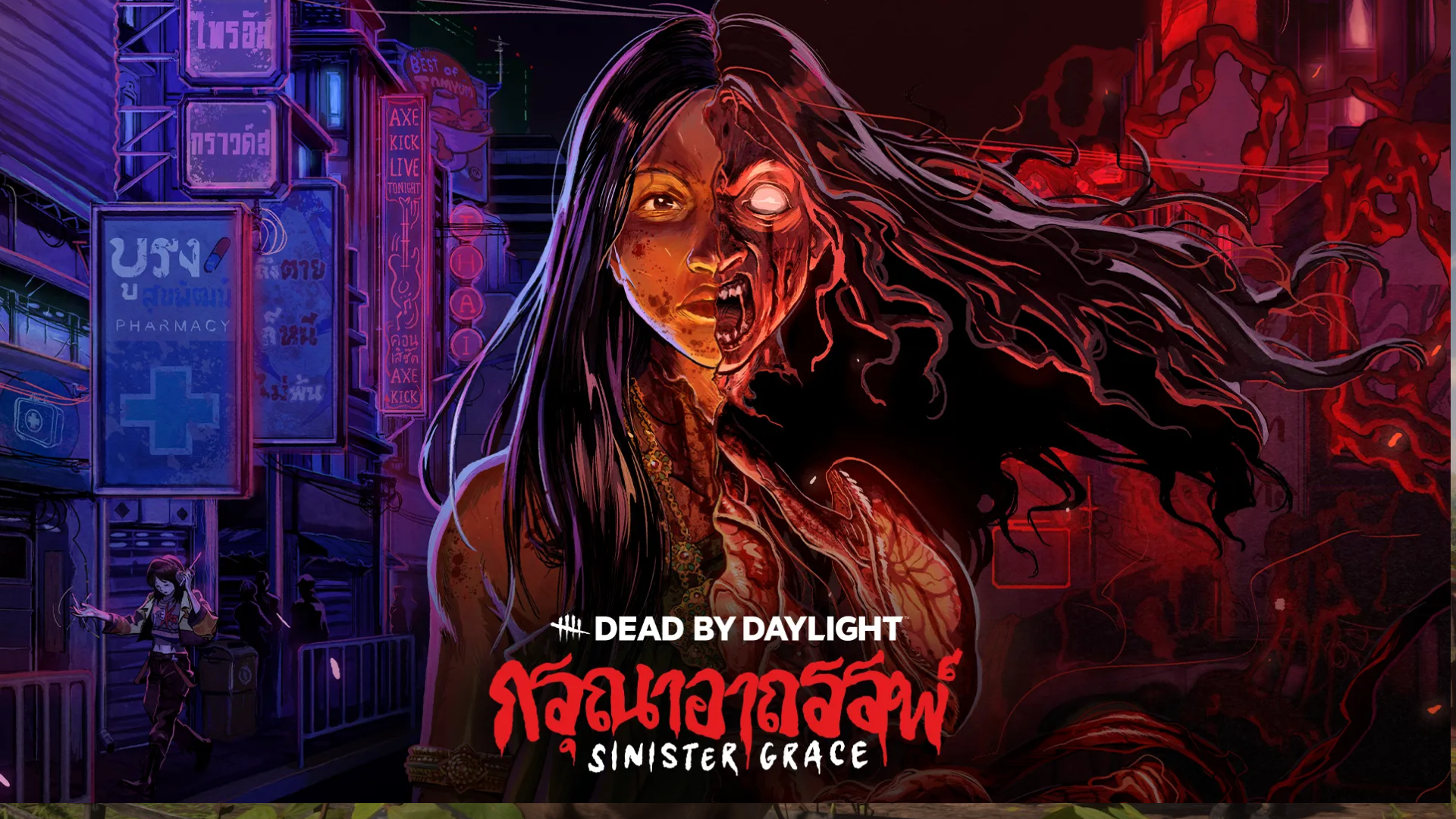 Key art for the Sinister Grace chapter of Dead by Daylight, which shows the Krasue. The art is split vertically to show her two forms. The left side shows a mundane Thai city, depicted in bl