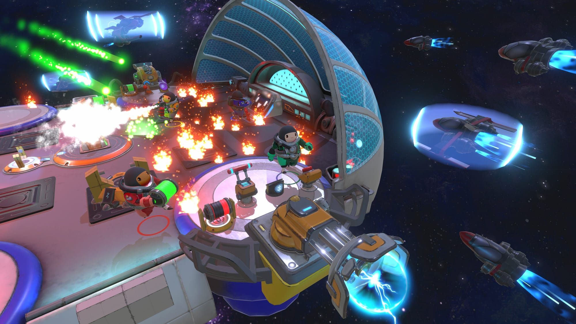 A crew of bean-like astronauts flee a barrage of missiles in a heated battle taking place in the game Sol Mates.