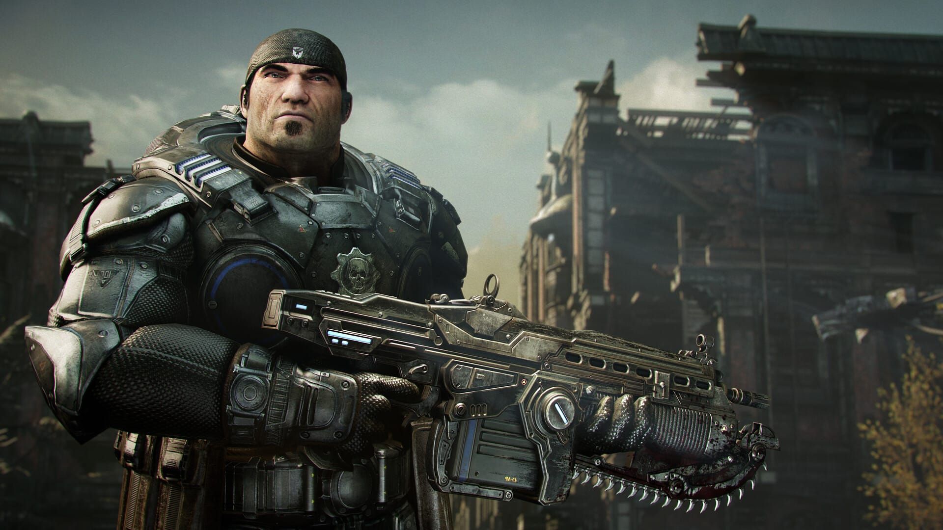 Marcus stands with a Lancer in Gears of War: Reloaded
