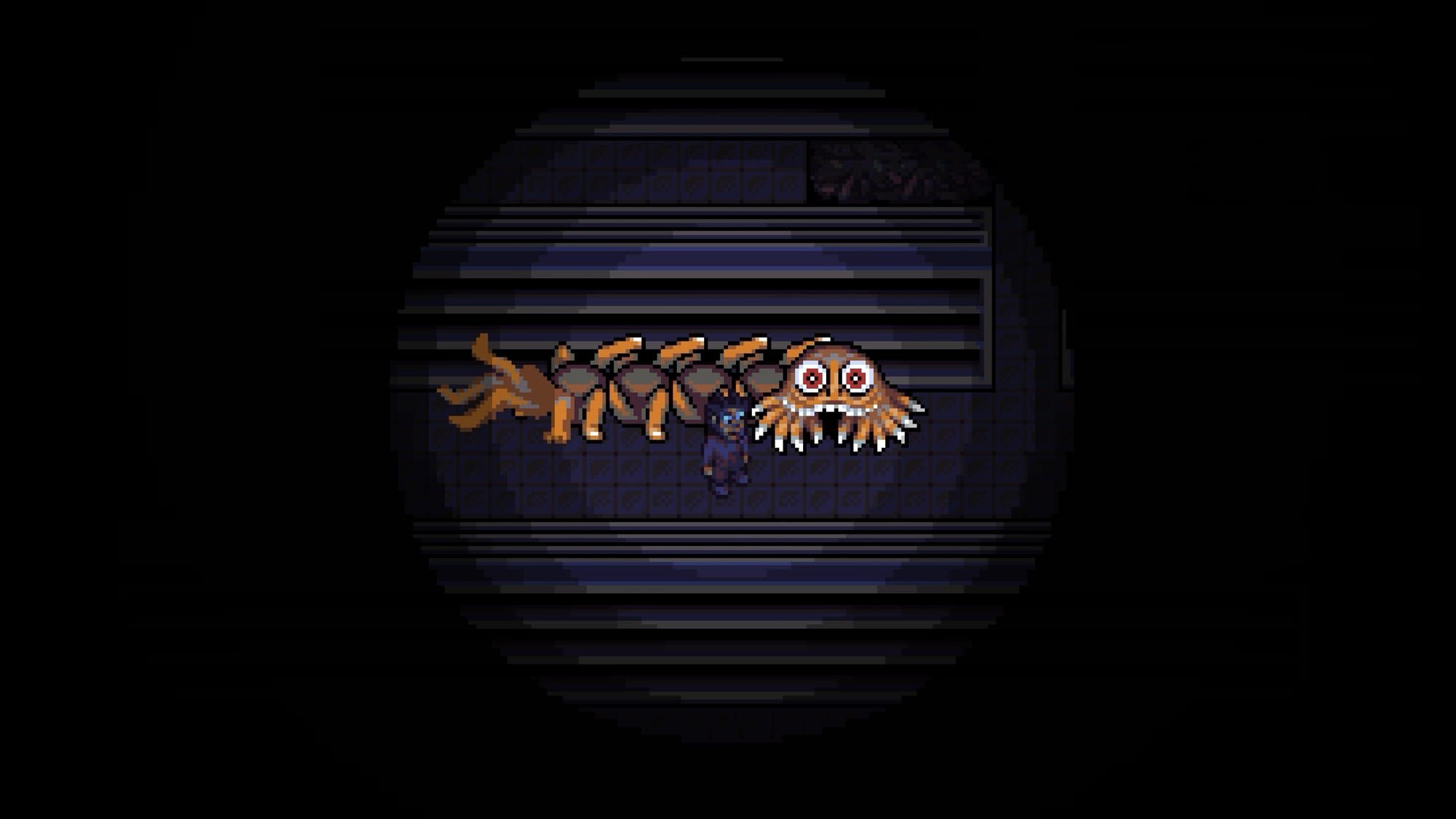 The protagonist of Look Outside, a tired looking man, stands in the hallway of his apartment building next to an enormous orange beast comprised of hands and limbs.