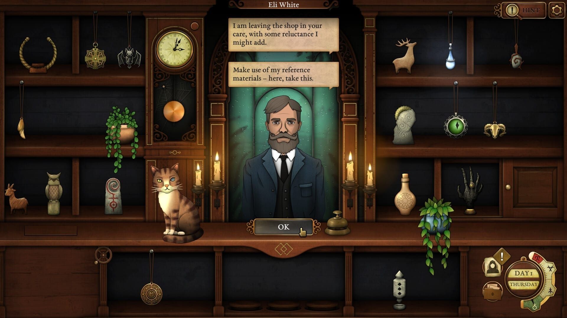 A man stands at a counter at a shop full of occult oddities