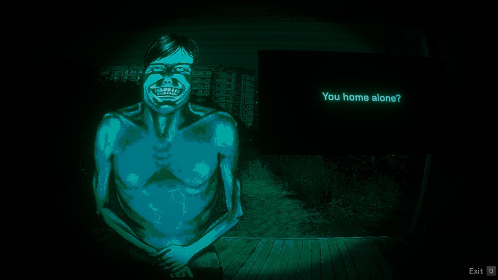 A shirtless man with an eerie smile and strange proportions grins sadistically through the peephole in a segment of No, I'm Not a Human. He's asking "You home alone?"