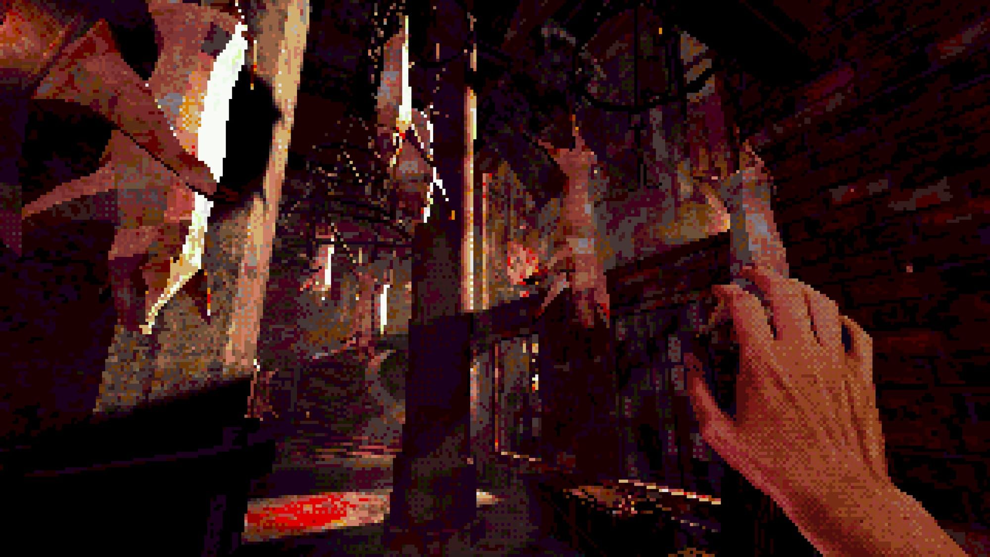 The player stands in a surreal environment in Eclipsium, observing a cathedral with eerie hanging figures descending from the ceiling.
