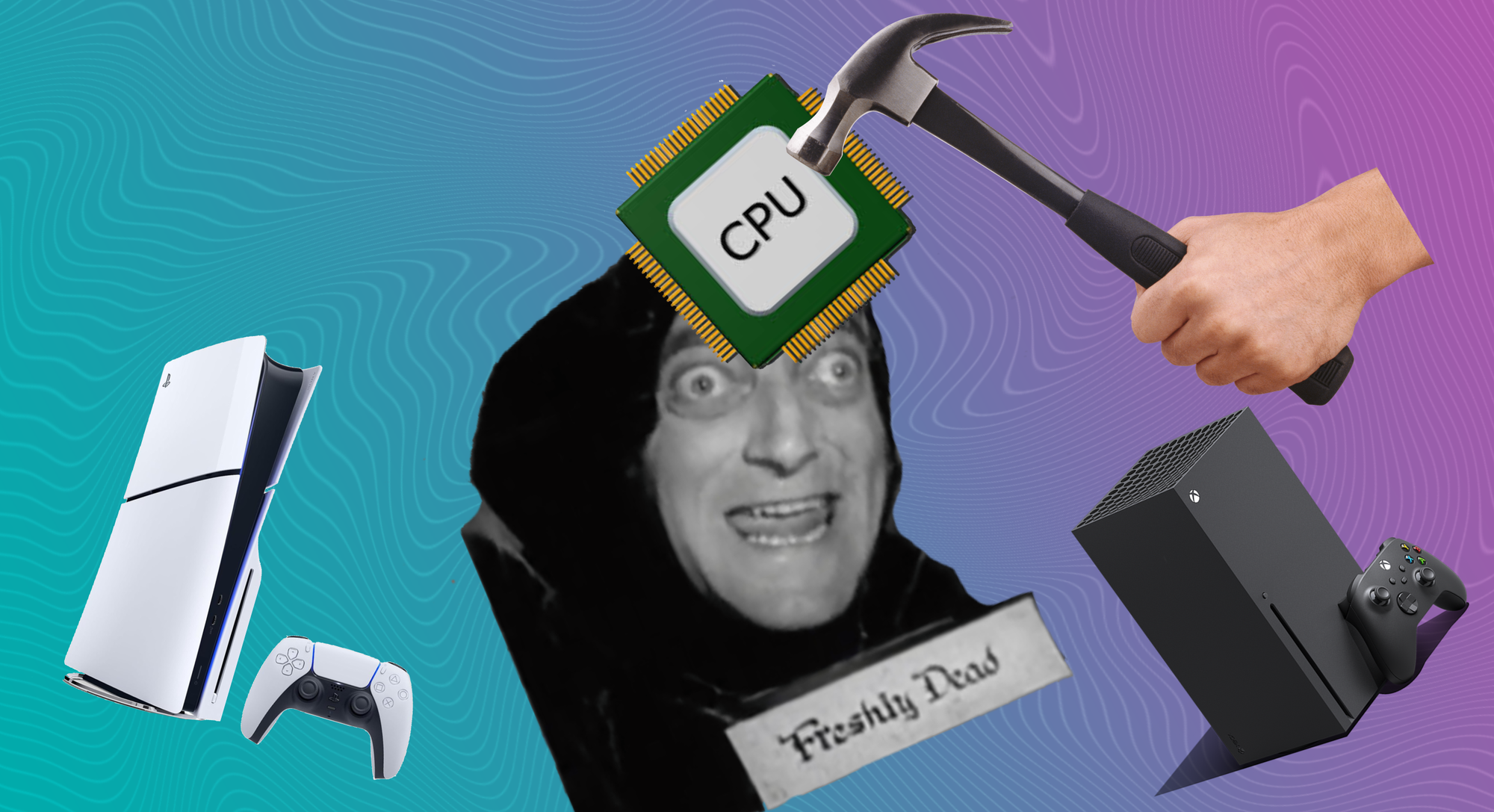 A badly photoshopped image of consoles and Marty Feldman from Young Frankenstein
