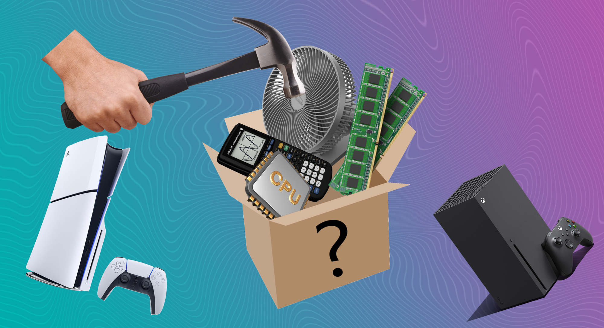A badly photoshopped image of a PS5, an Xbox, and a cardboard box with computer-like parts being hammered inside