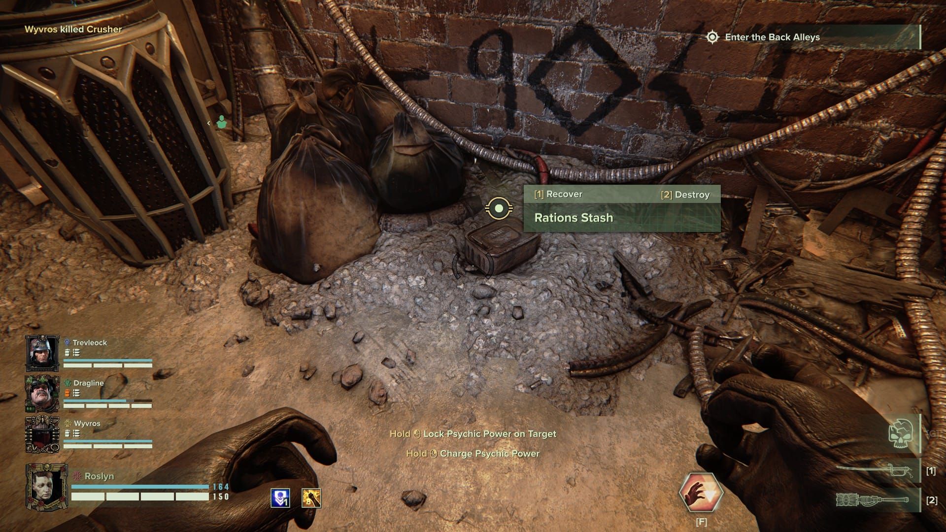 A player POV showing a tin of sitnky rations hidden in heretic territory during a mission in Warhammer 40K: Darktide