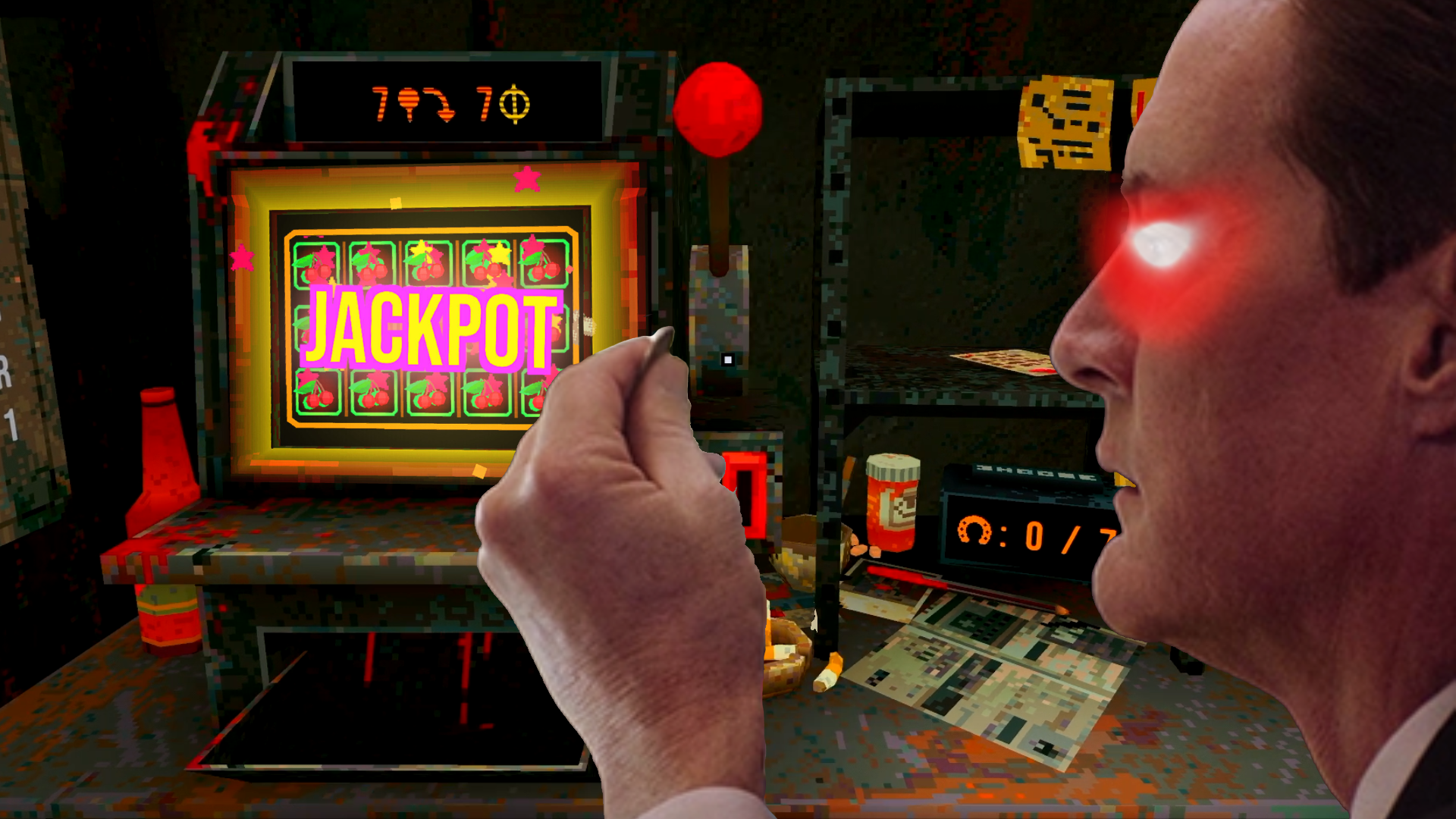 An evil Mr. Jackpots from Twin Peaks: The Return puts a coin in a slot machine from CloverPit