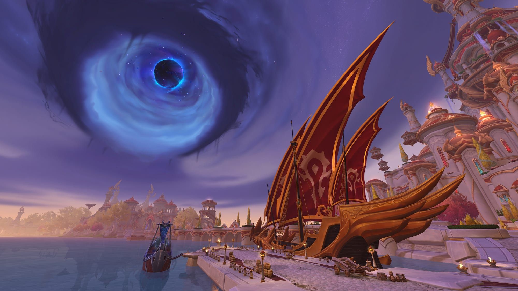 A shot from the docks of Silvermoon City in the Midnight Alpha for World of Warcraft. showing a Sin'dorei ship with an ominous Voidstorm in the sky.