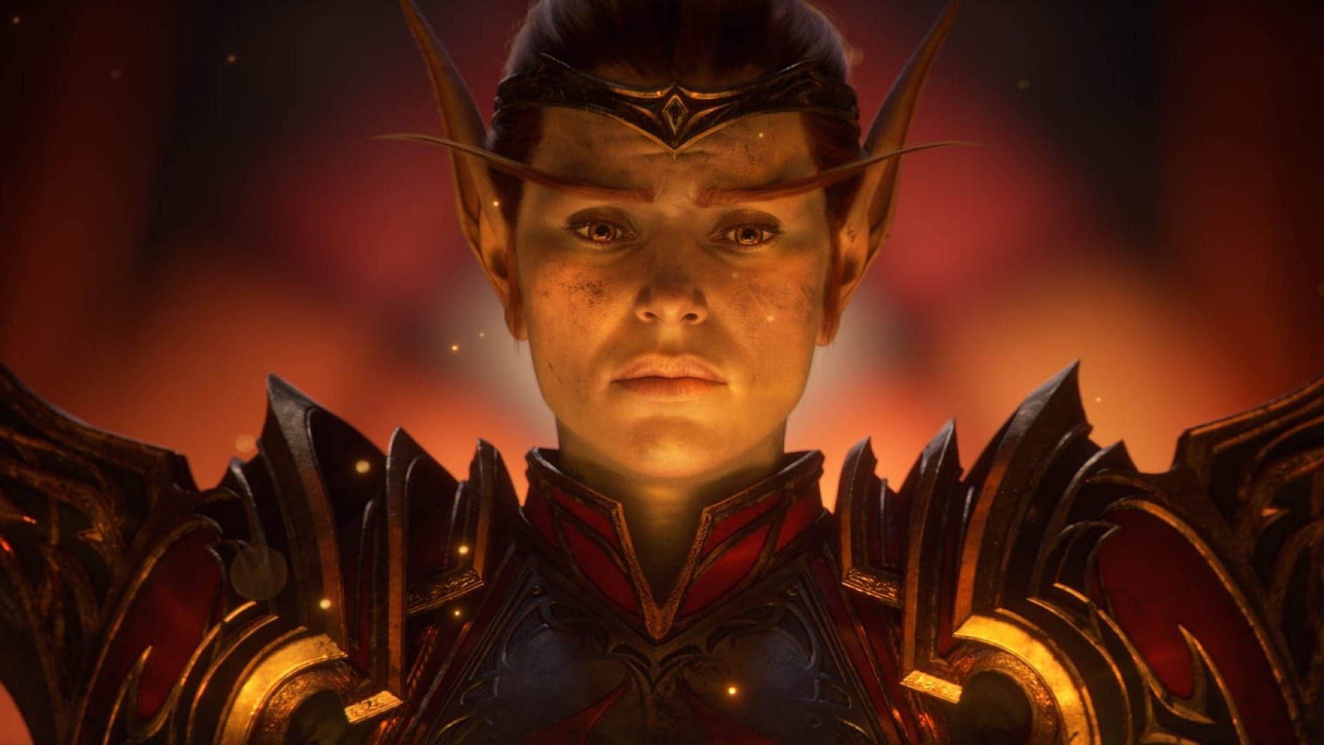 Liadrin, a red-headed elf woman with long eyebrows, long ears, and ornate armor, kneels in front of the holy Sunwell in the opening cinematic for World of Warcraft: Midnight.