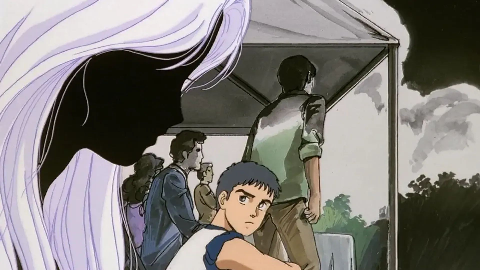 An image from the Patlabor anime, with a ghostly silhouette of a lady on the left and a group of people under a tent on a nice summer day.