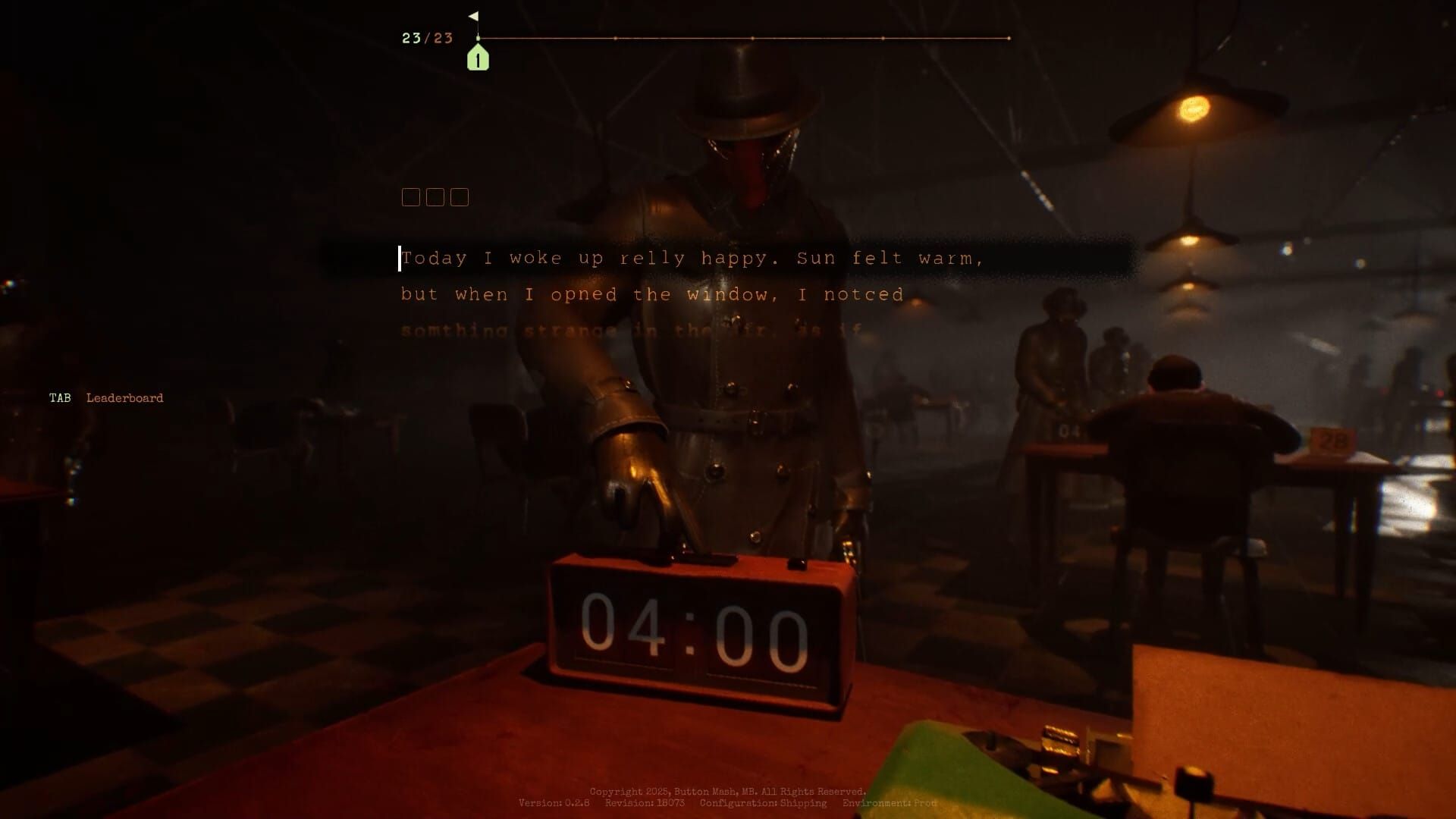 A player is typing a sequence of words about waking up on a sunny day in Final Sentence, a new typing-focused battle royale. An armed guard stands over 