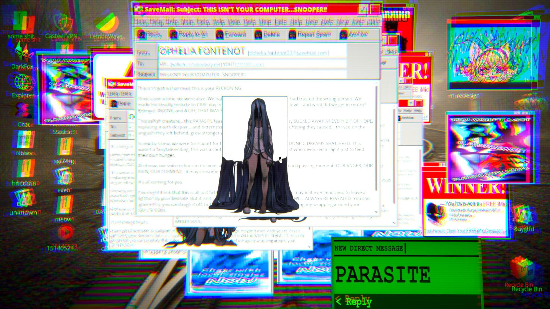 A 2000s-era desktop that is glitching and falling apart, with distorted windows opening and distorting. In the center is a woman with long hair obscuring her face, ominous and foreboding. 