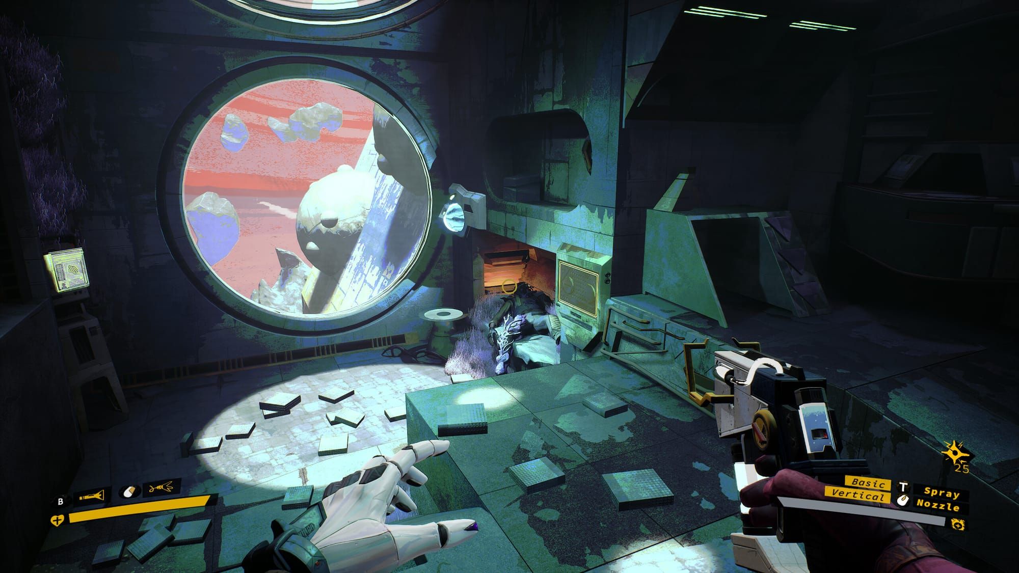 A sci-fi environment left abandoned, with books and personal materials scattered on the floor. The scene is lit by a circular window through which we can see a pink sky and strange land masse