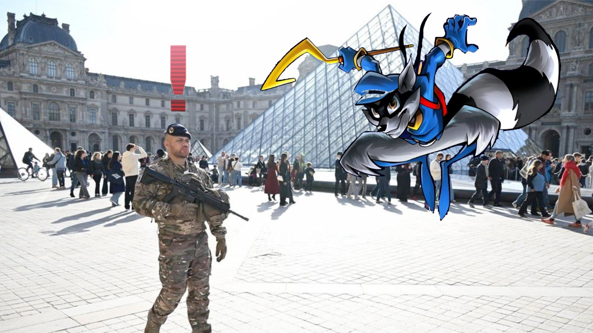 An armed guard patrols near the Louvre with a Metal Gear exclamation point above his head while Sly Cooper jumps down from above