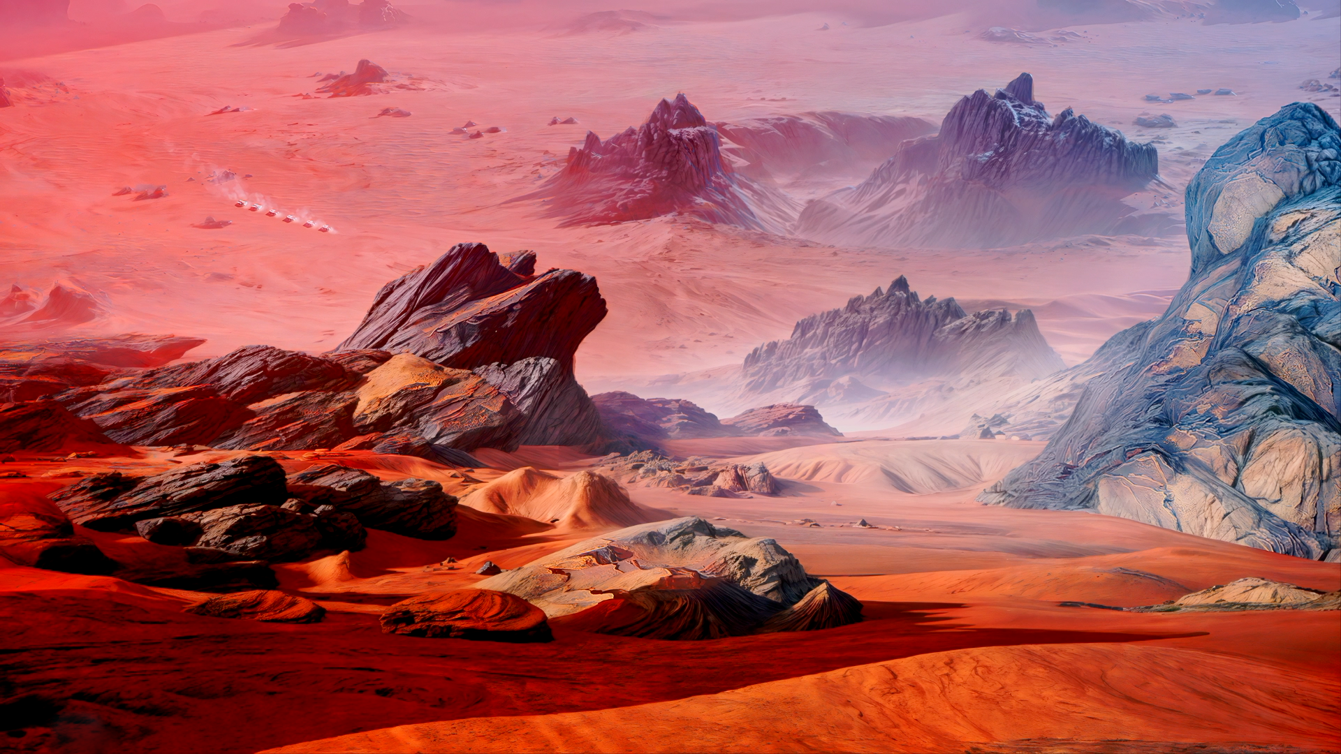 A Martian landscape with a line of drones in the distance