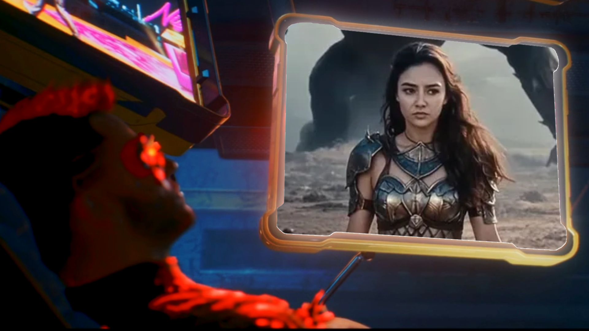 A netrunner from Cyberpunk 2077 watches a floating screen displaying Tilly Norwood