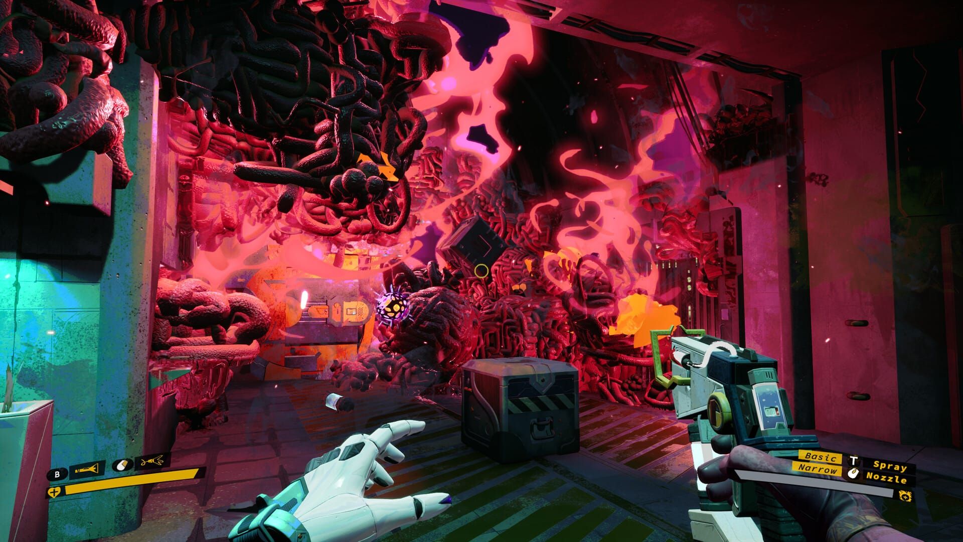A screenshot of Ambrosia Sky, where the point-of-view protagonist is looking at a wall of twisted vines lit with bright pink smoke, filling the hallway of a sci-fi colony.