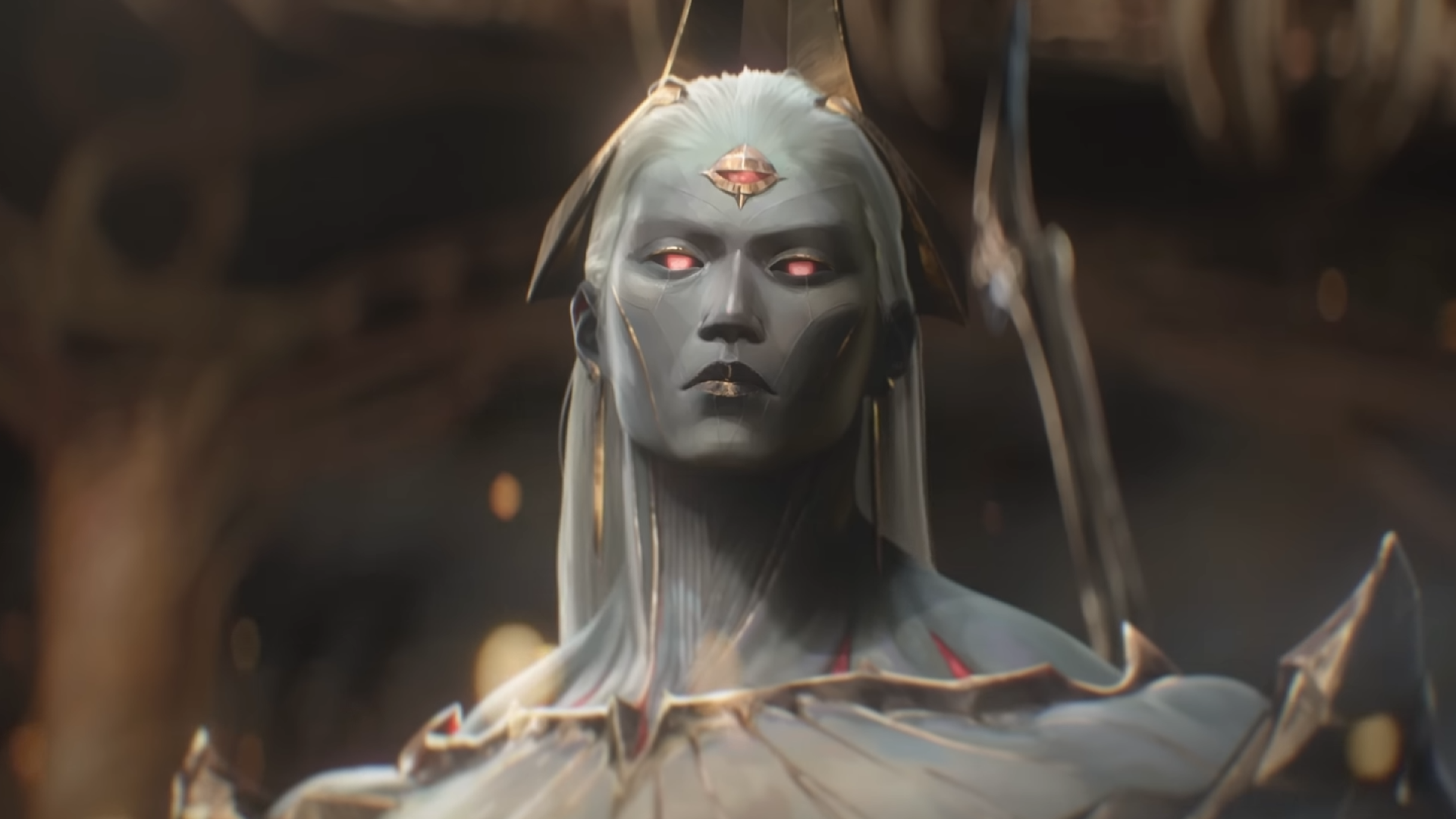 A shot of Zaahen, a Darkin and the new League of Legends champion, from the latest cinematic Twilight's End. He is a grey-skinned, beautiful man with lkong white hair swept bac