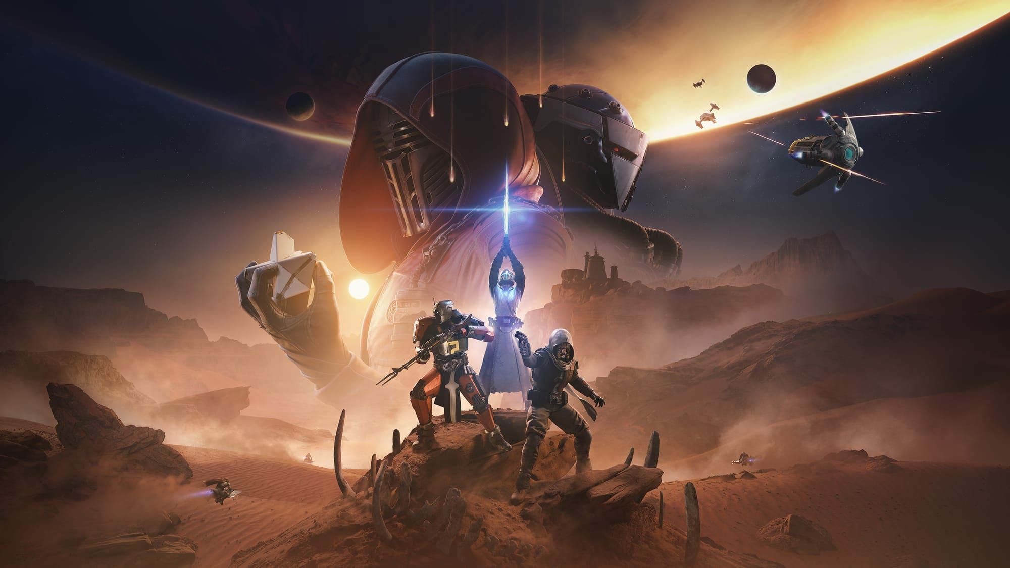 3 Guardians stand in front of the two main villains in Destiny 2: Renegades