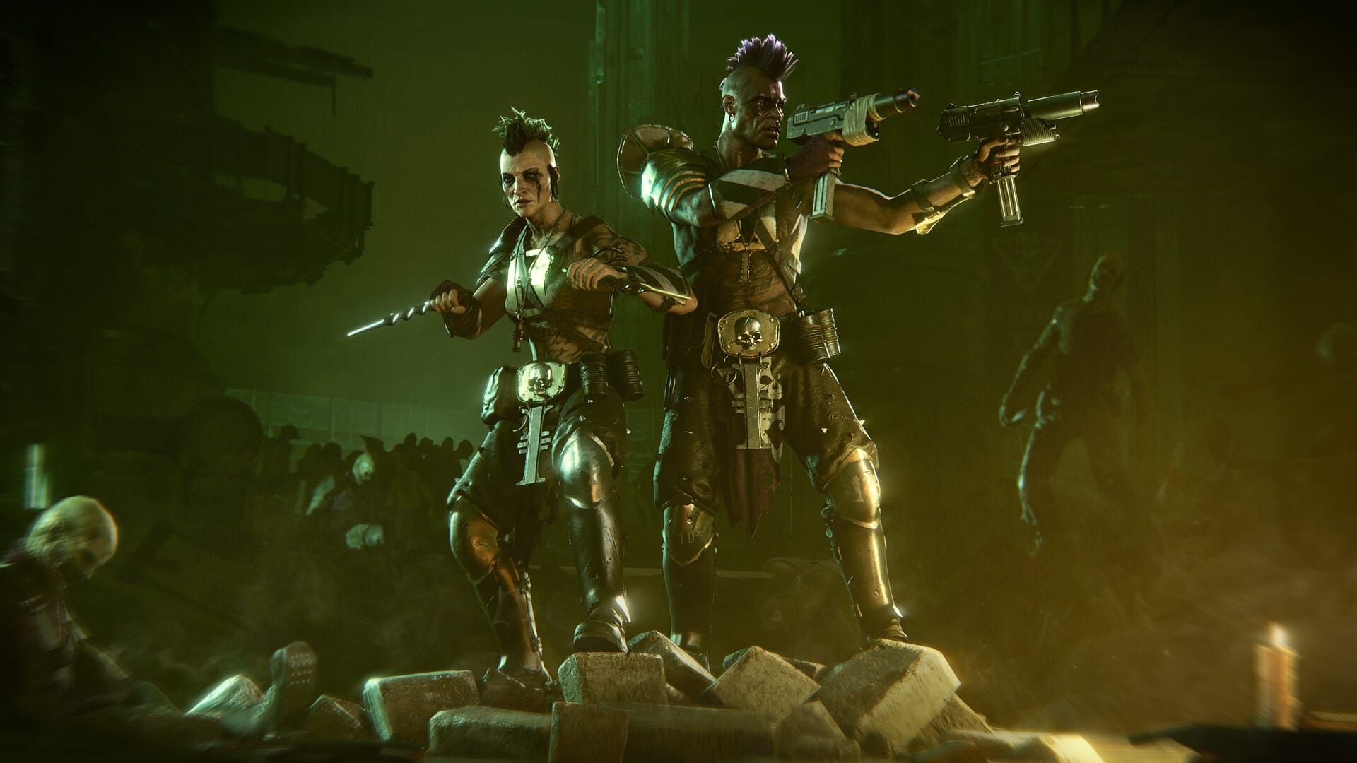 A male and female Hive Scum pose in promotional material for the new class added to Warhammer 40,000: Darktide. They are punk warriors with leather armor, metal detailing, and dual wielding