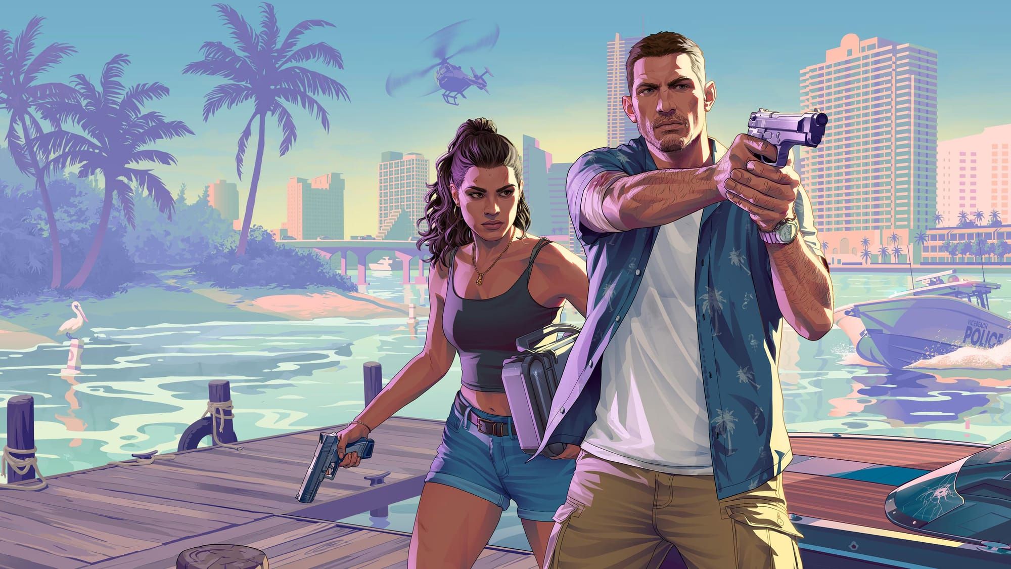 Jason and Lucia pose with guns at a Vice City pier in a promotional piece of artwork for Grand Theft Auto 6