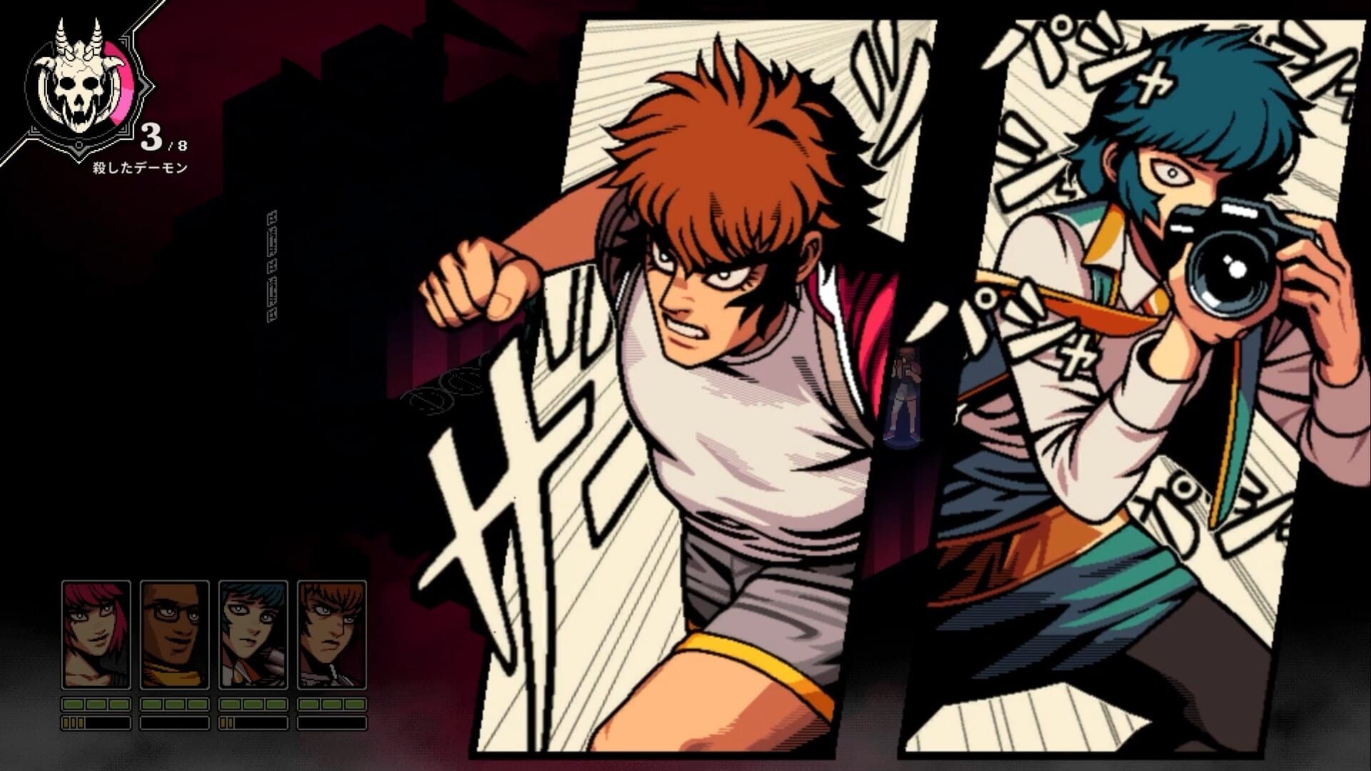 Dustin and Namako, two party members in Demonschool, team up in combat, showing two stylized panels of them on the screen. Dustin is charging forward while Namako takes the perfect shot.