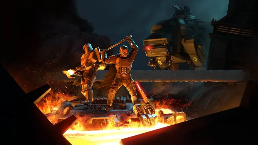 Key art for the Siege Breakers Warbond, which shows two Helldivers fighting off Automatons, with a Factory Strider lurking the background.