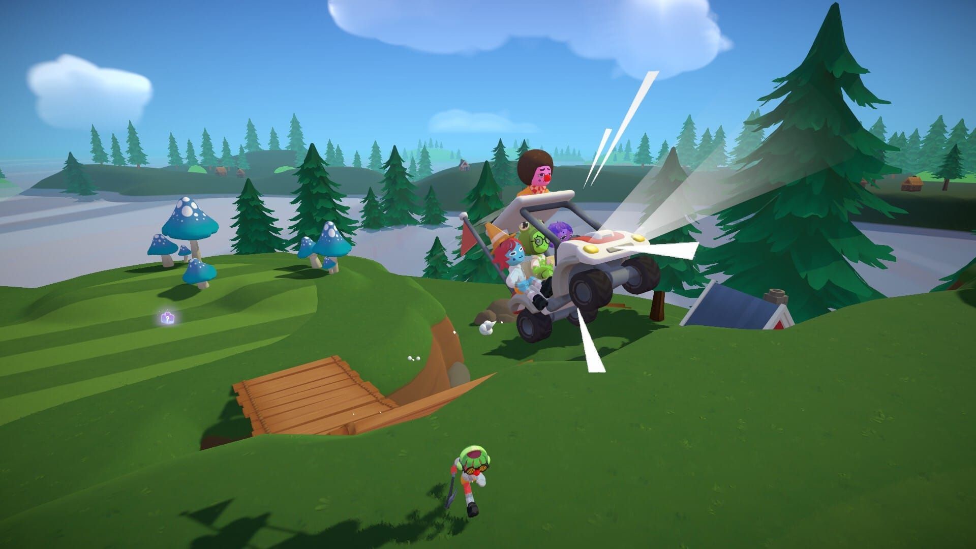 A golfcart crammed with players in Super Battle Golf crests a hill, blaring the horn and causing all sorts of chaos.