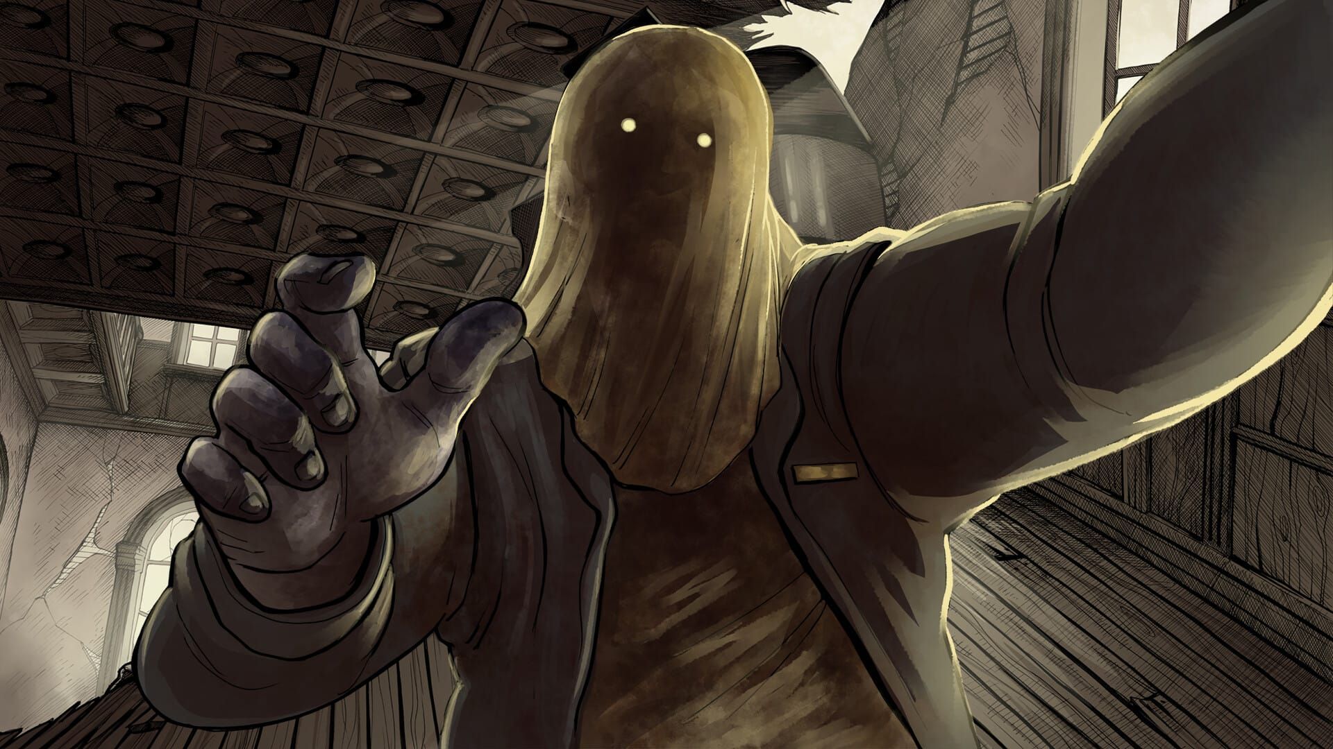 A ghostly figure with a veil draped over his head, yellow lights peering through the cloth, pins the player down with one arm while reaching for them with a soiled hand in a screenshot fr
