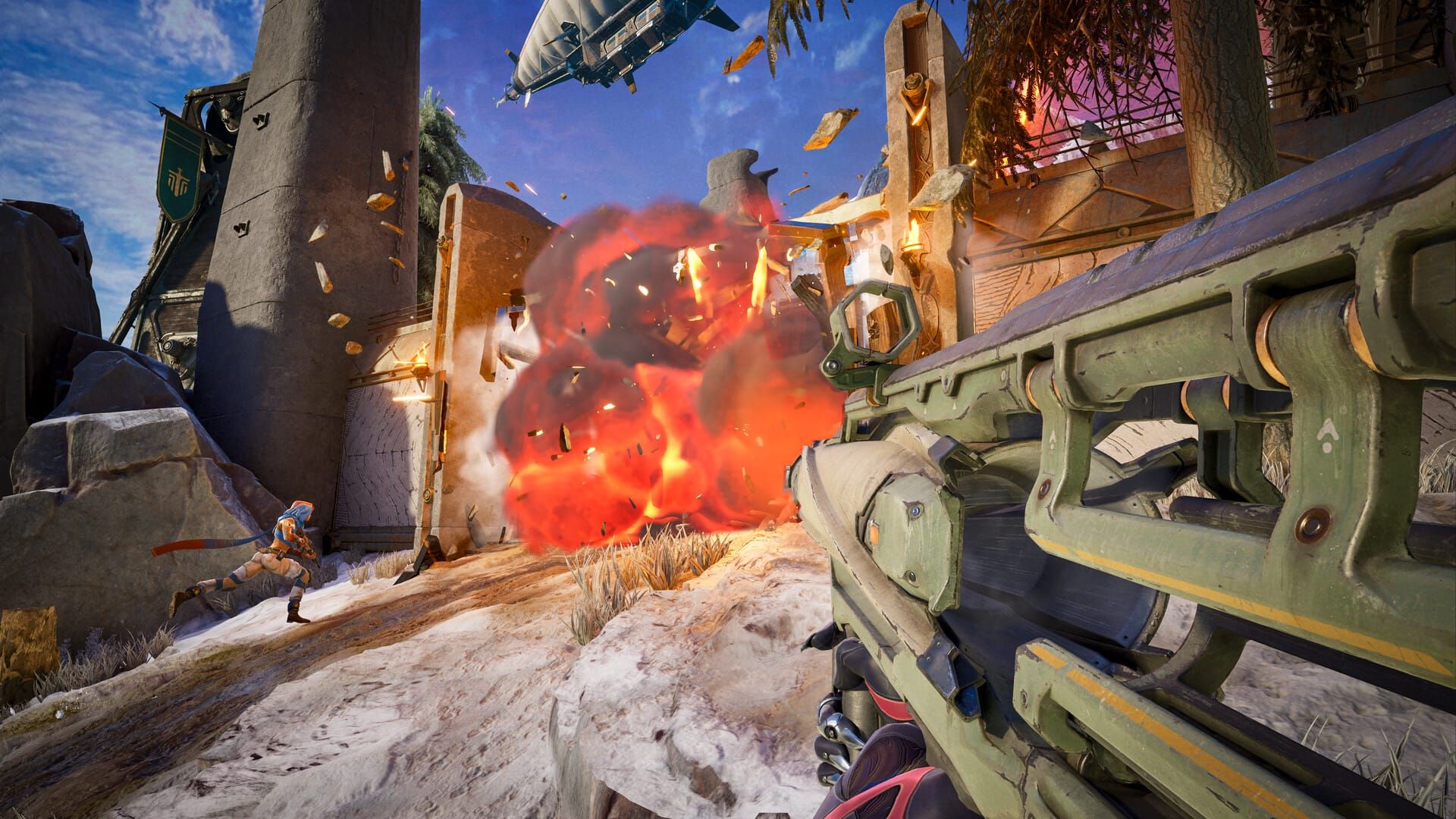 A player uses a rocket launcher in Highguard