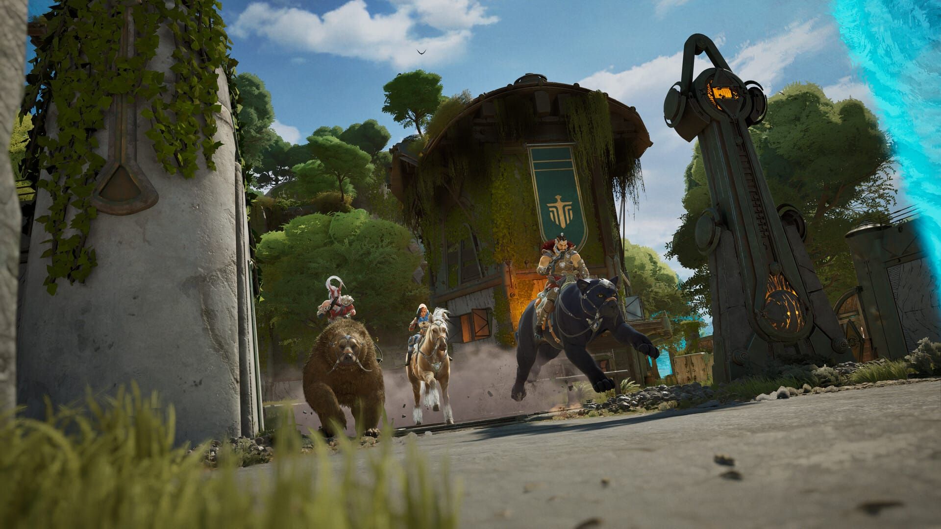 A group of heroes ride mounts into battle