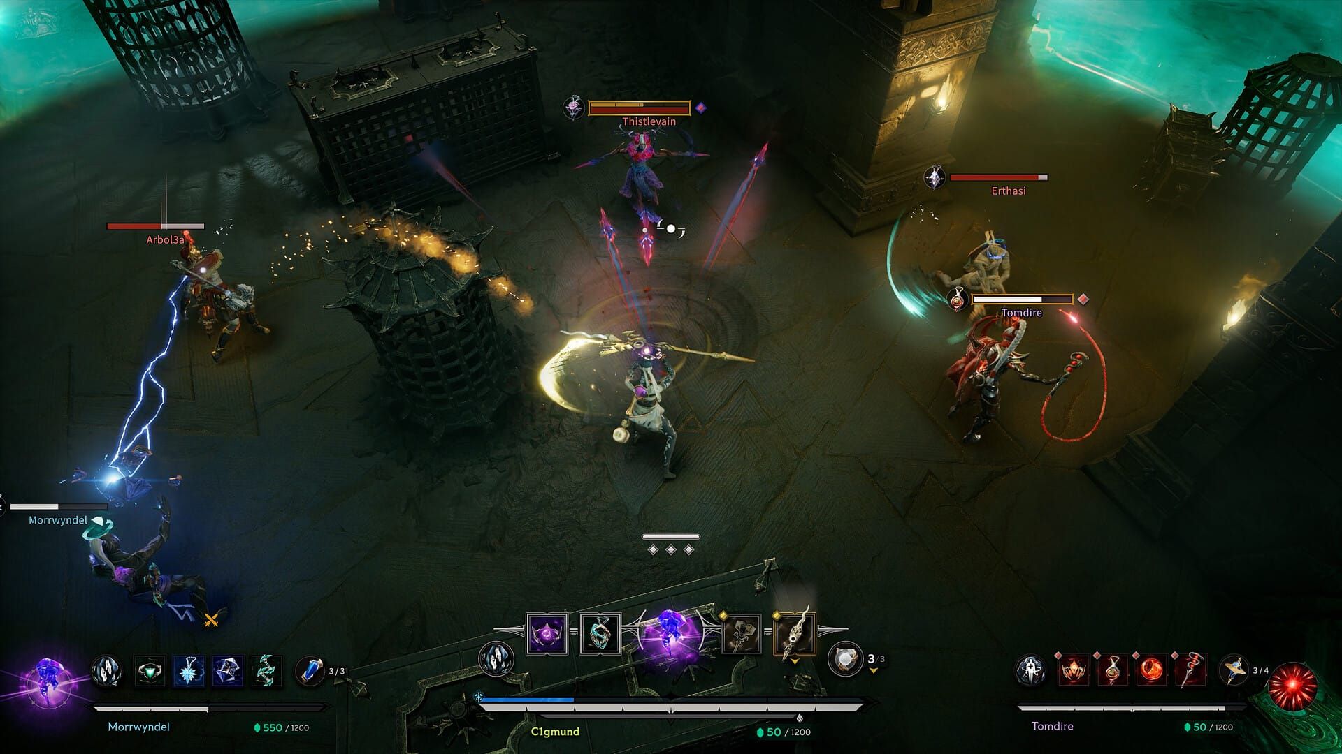 A 3v3 skirmish in Arkheron, with each team equipped with their own unique weapons and abilities.