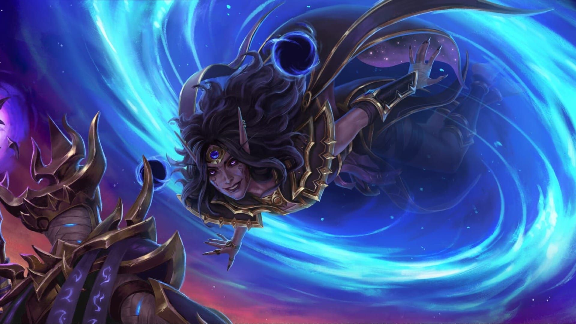 Xal'atath, a terrifying elf woman cloaked in dark greys and purples, comes out of a Void portal to talk to her Ethereal advisor.