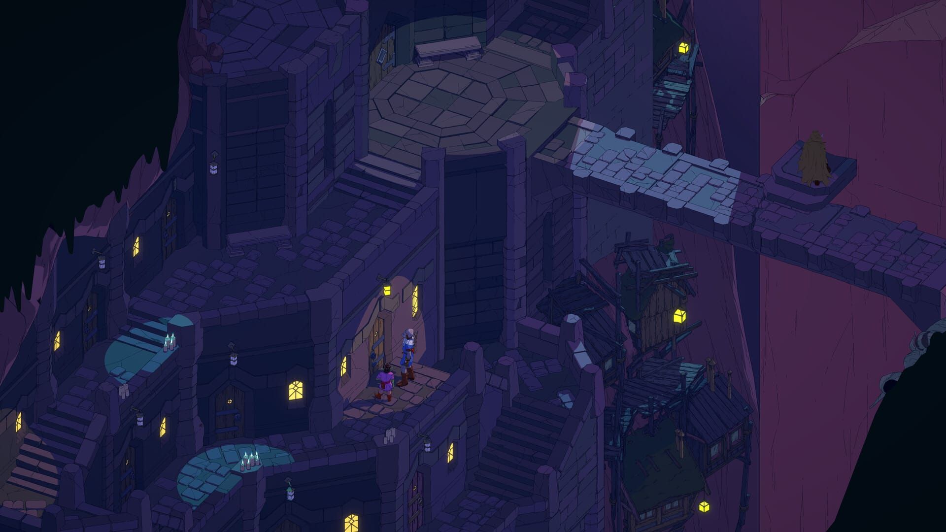 A cleric explores a city at night, cloaked in darkness except for the lit windows of residents, in a screenshot from Esoteric Ebb