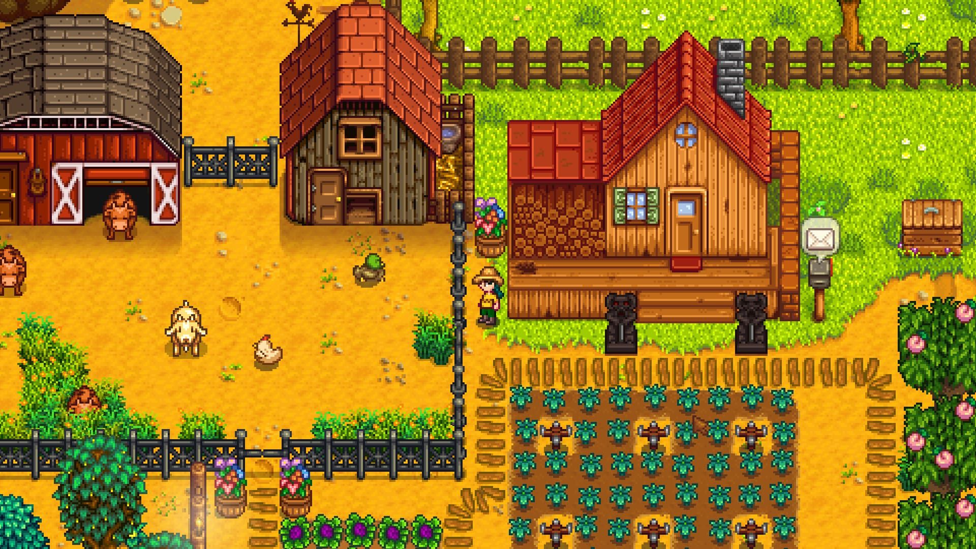 A colorful pixel farm in Stardew Valley. The player has set up a barn, housing for chickens, some fencing, and an efficient patch for farming next to their home.